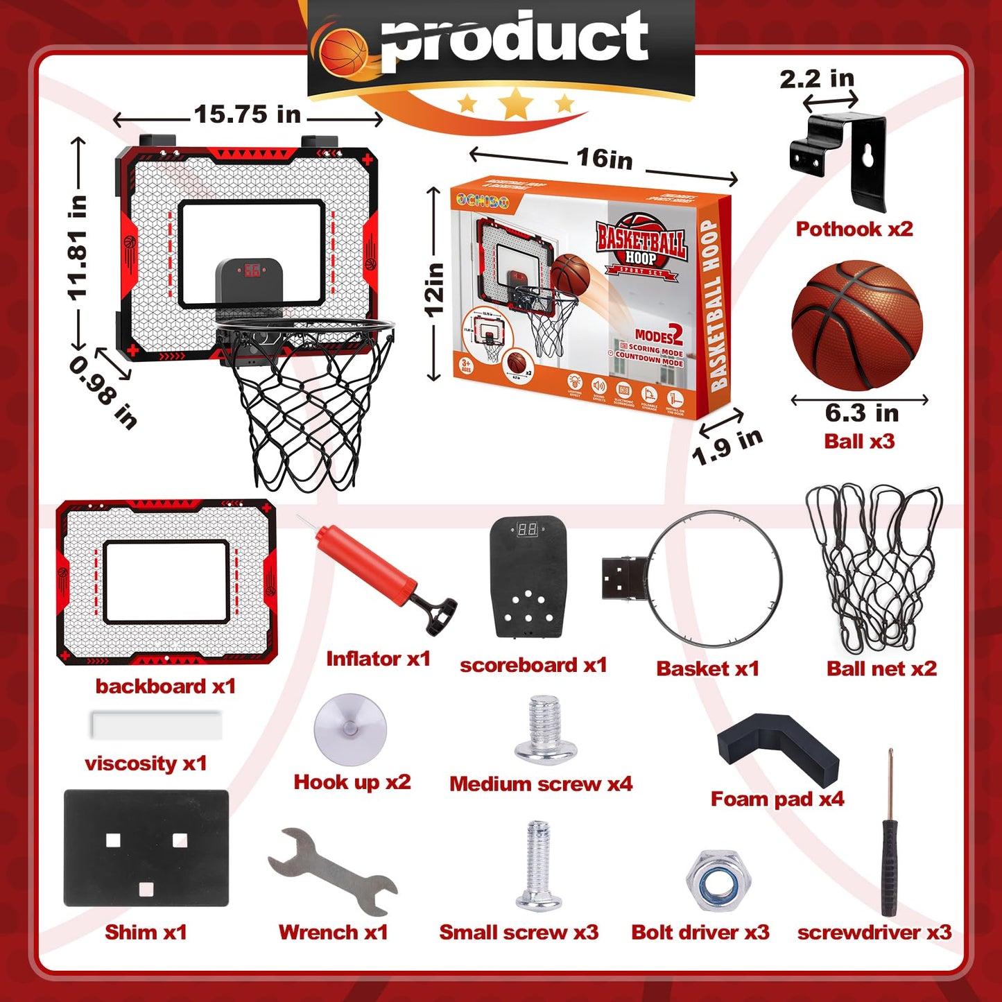OCHIDO Indoor Basketball Hoop for Kids – Over-the-Door Mini Hoop with Electronic Scoreboard