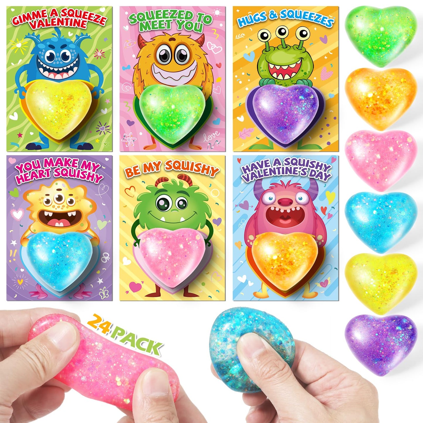 OCHIDO Kids Valentine Cards with Heart Shape Squeeze Toys — 24 Pack