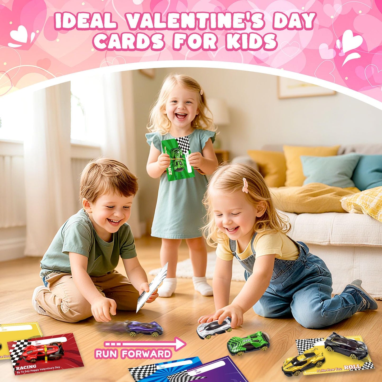 OCHIDO Valentines Day Cards with Die-Cast Racing Cars — 24 Pack for Kids