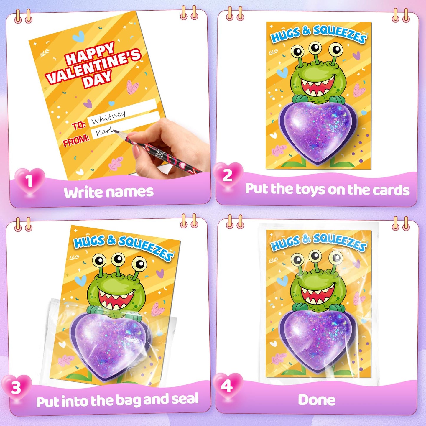 OCHIDO Kids Valentine Cards with Heart Shape Squeeze Toys — 24 Pack