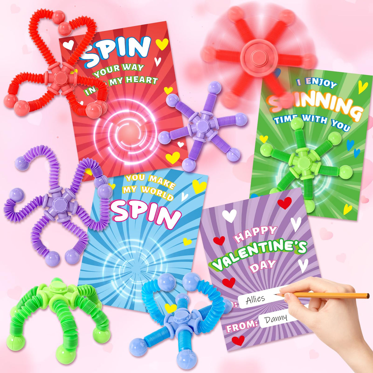 OCHIDO 24-Pack Valentines Cards with Pop Tubes Fidget Spinner – Classroom Gifts for Kids