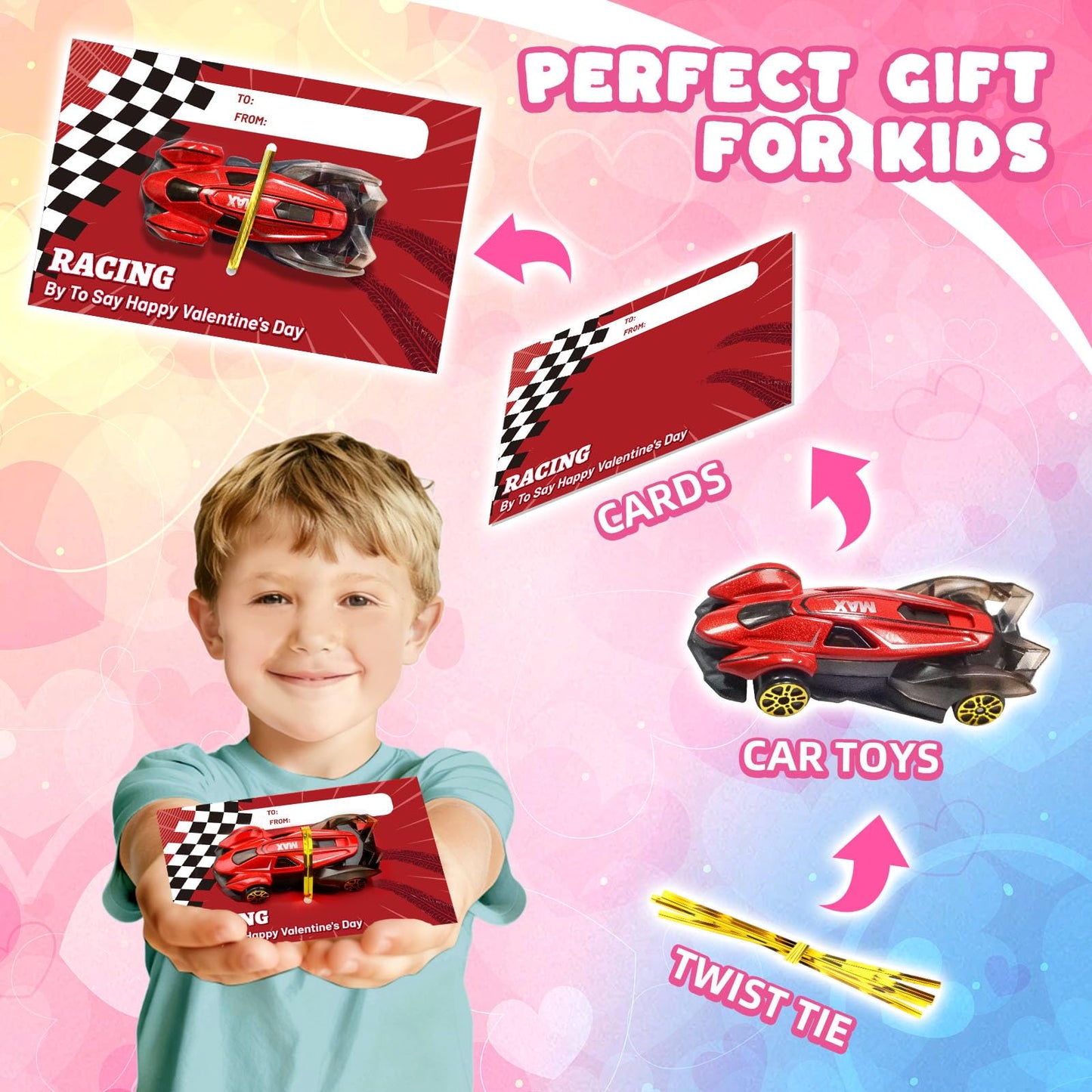 OCHIDO Valentines Day Cards with Die-Cast Racing Cars — 24 Pack for Kids
