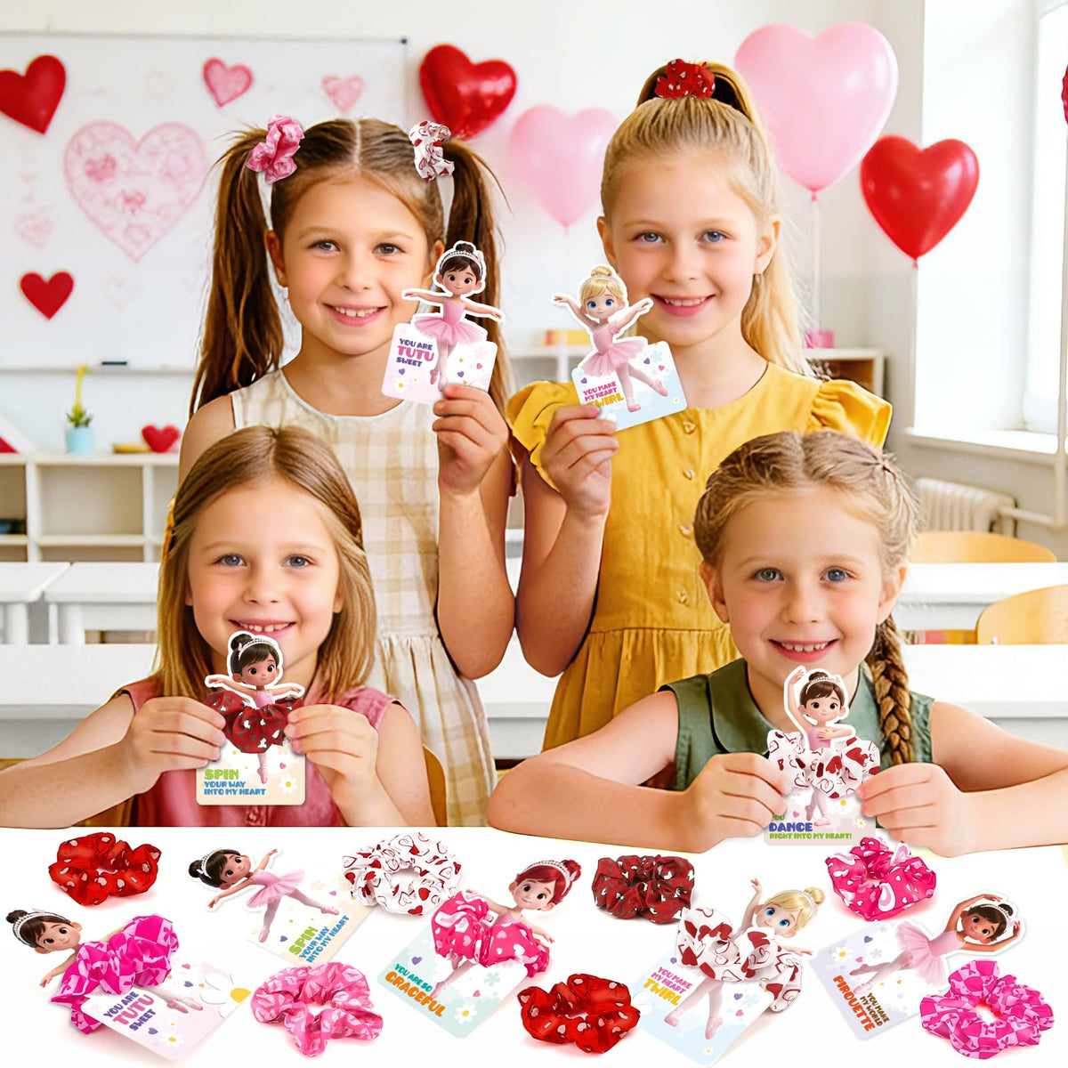 OCHIDO 24 Pack Valentines Day Gifts for Kids — Ballet Cards & Hair Scrunchies for Class Exchanges