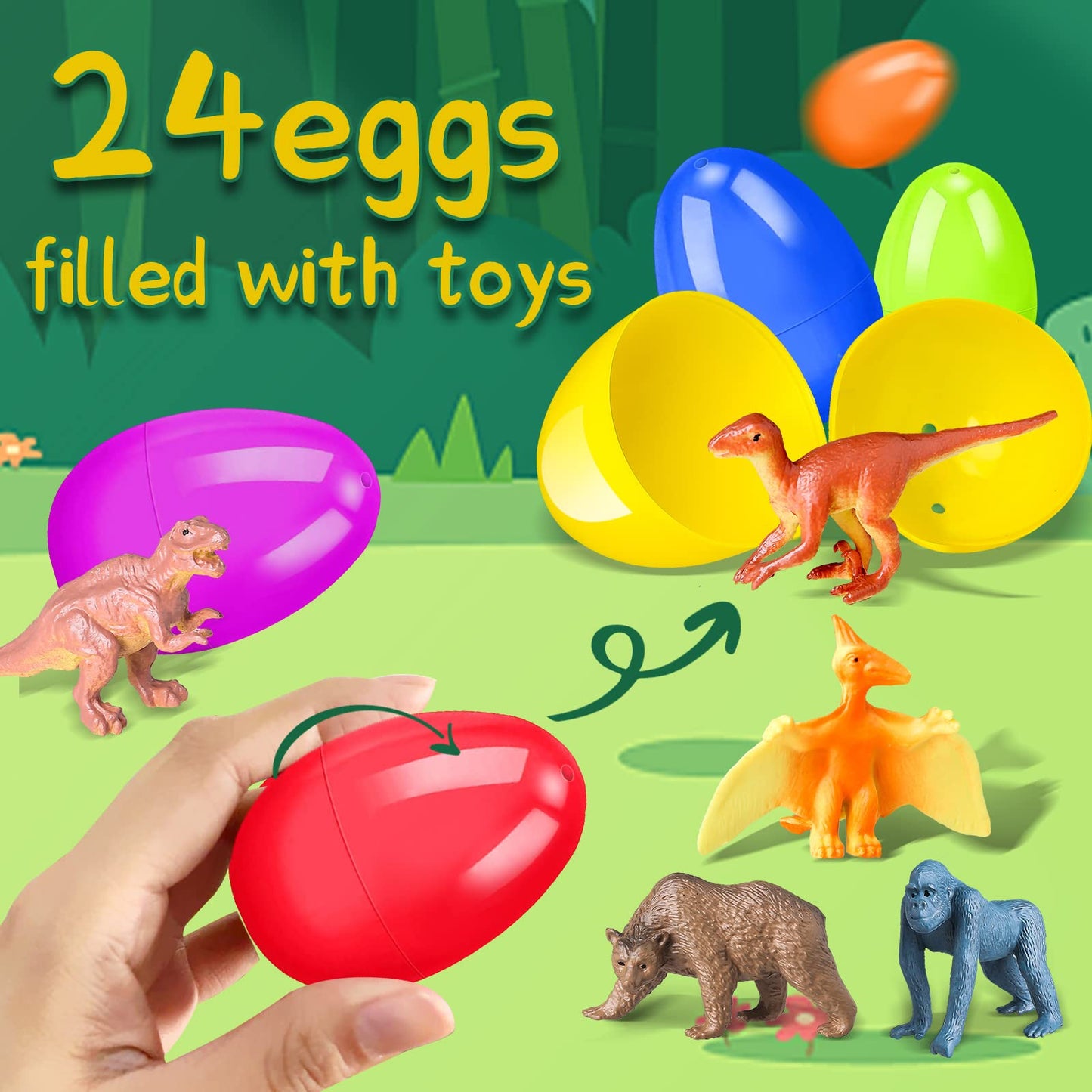 OCHIDO 24-Pack Prefilled Easter Egg Toys for Kids – Dinosaur & Animal Easter Egg Hunt