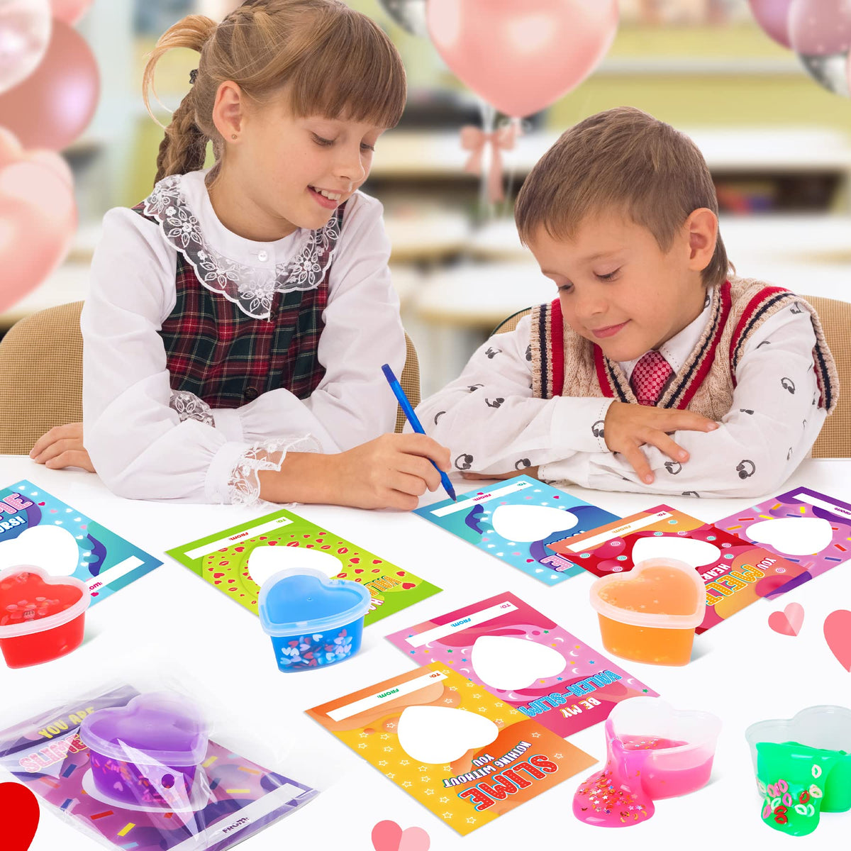 OCHIDO Valentines Day Cards for Kids – 30 Heart-Shaped Slime Set with Greeting Cards