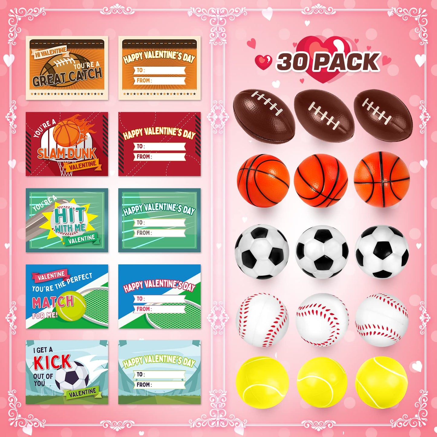 OCHIDO 30-Piece Valentine's Day Gift Set: Sports Squeeze Balls & Cards for Kids