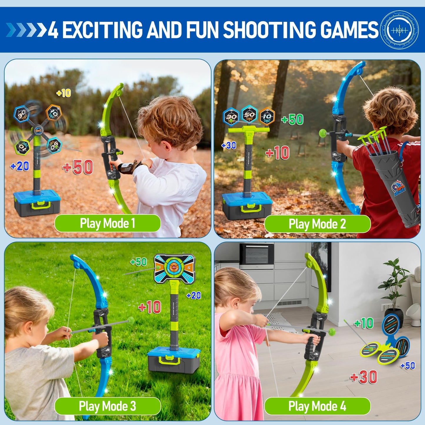 OCHIDO 2 Pack Bow & Arrow for Kids – LED 3-in-1 Archery Set with 4 Targets