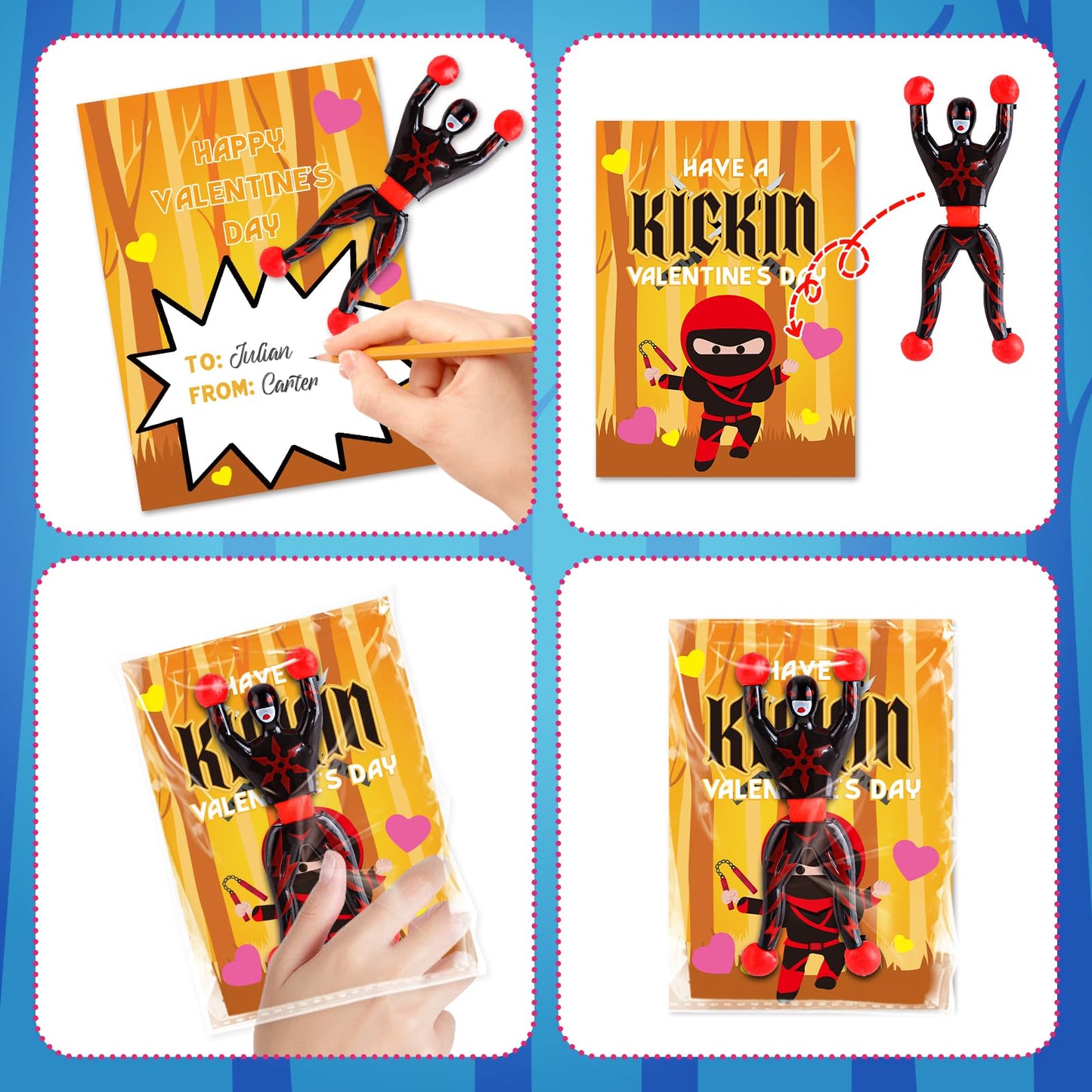 OCHIDO 28-Pack Valentines Cards for Kids with Sticky Wall Climbing Ninja Toys – Classroom Gifts & Party Favors