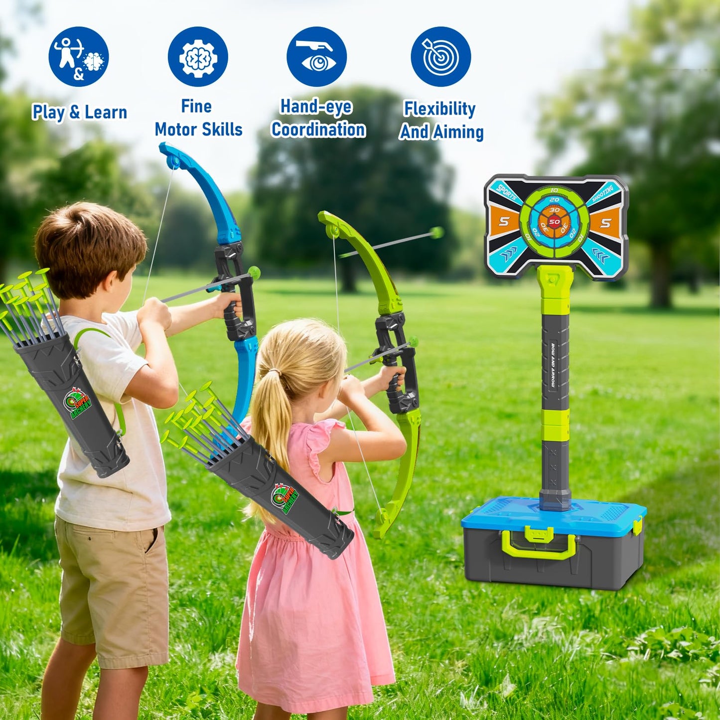 OCHIDO 2 Pack Bow & Arrow for Kids – LED 3-in-1 Archery Set with 4 Targets
