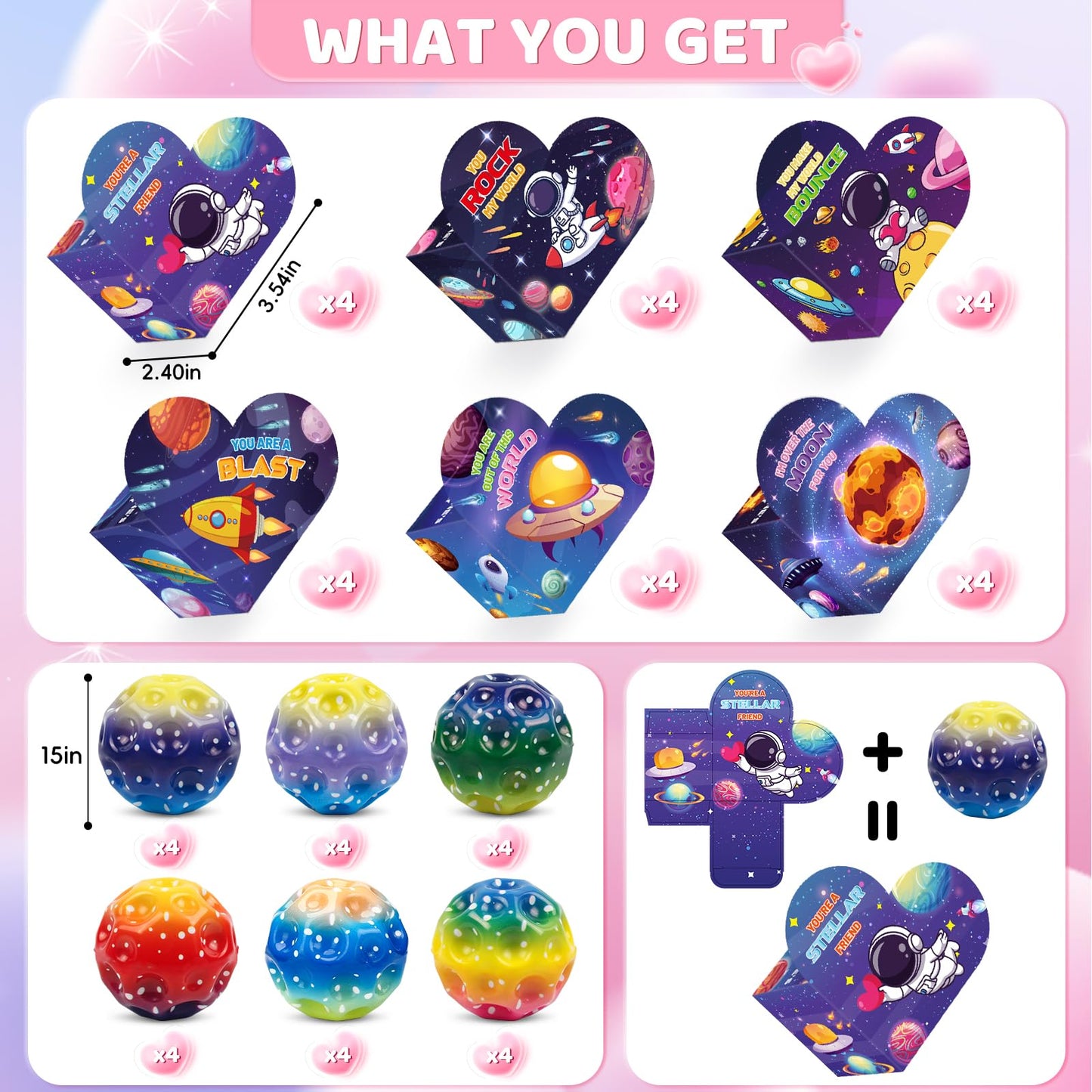 OCHIDO 24 Pack Valentines Day Cards for Kids with Bouncy Balls - Classroom Gifts & Party Favors