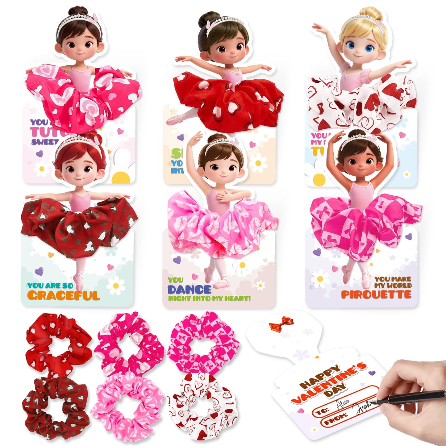 OCHIDO 24 Pack Valentines Day Gifts for Kids — Ballet Cards & Hair Scrunchies for Class Exchanges