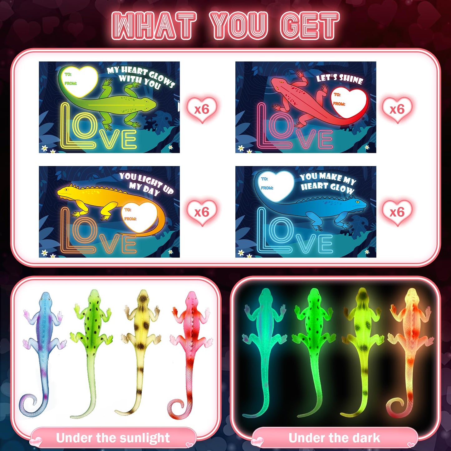 OCHIDO Valentines Cards for Kids Classroom - 24 Pack Glow-in-the-Dark Lizard Toys