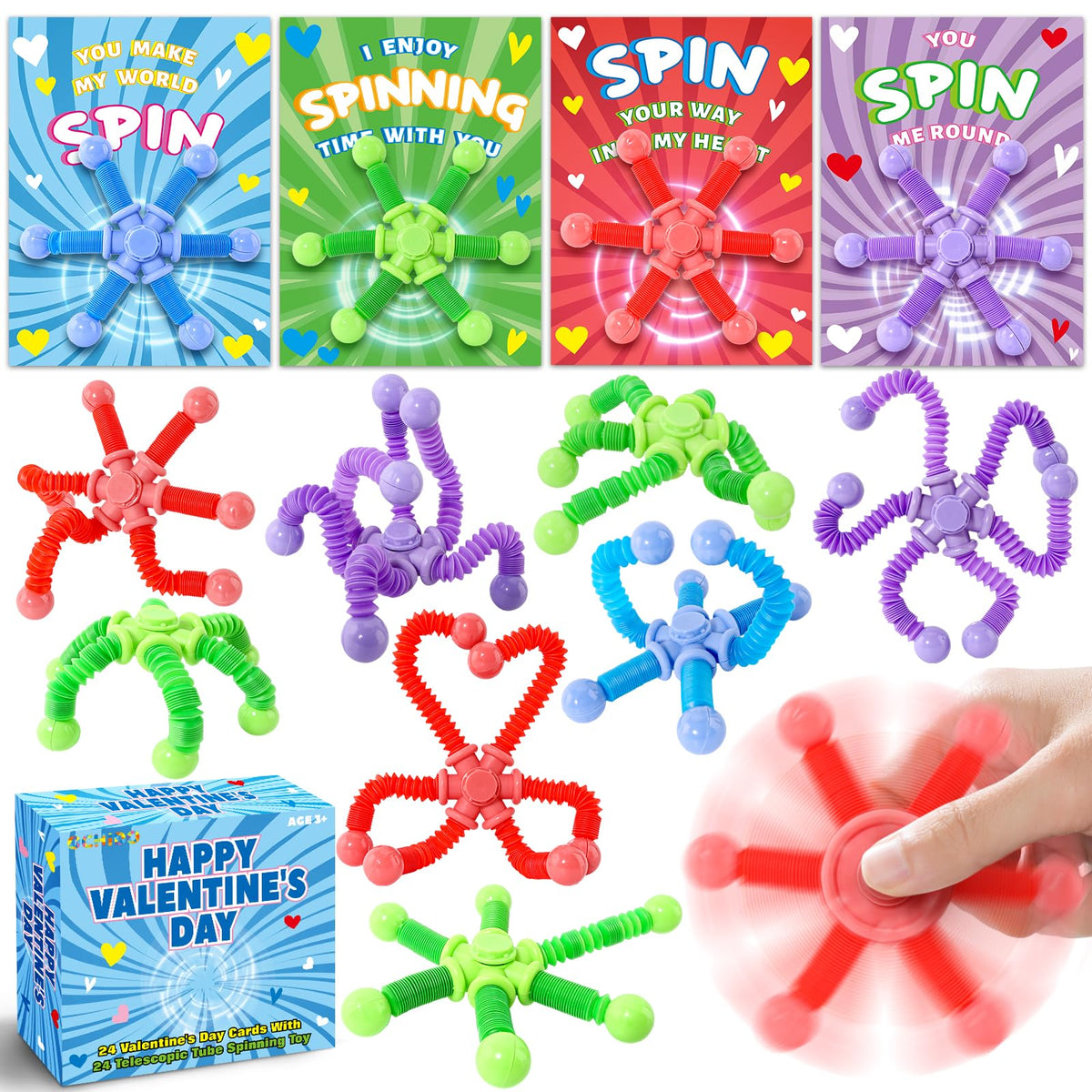 OCHIDO 24-Pack Valentines Cards with Pop Tubes Fidget Spinner – Classroom Gifts for Kids