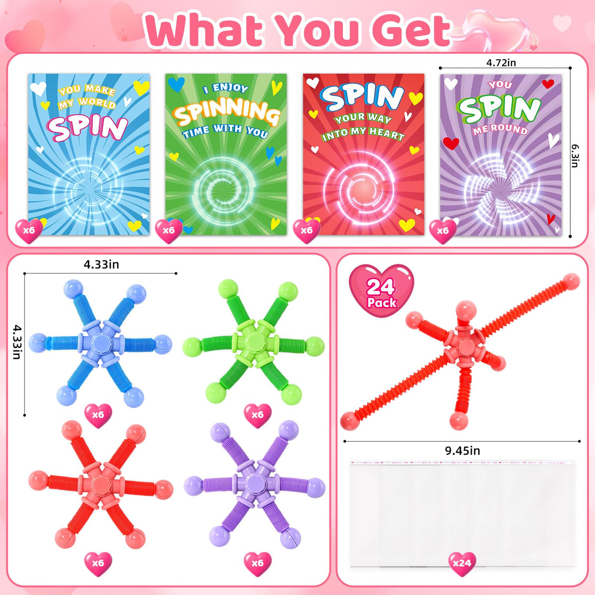 OCHIDO 24-Pack Valentines Cards with Pop Tubes Fidget Spinner – Classroom Gifts for Kids
