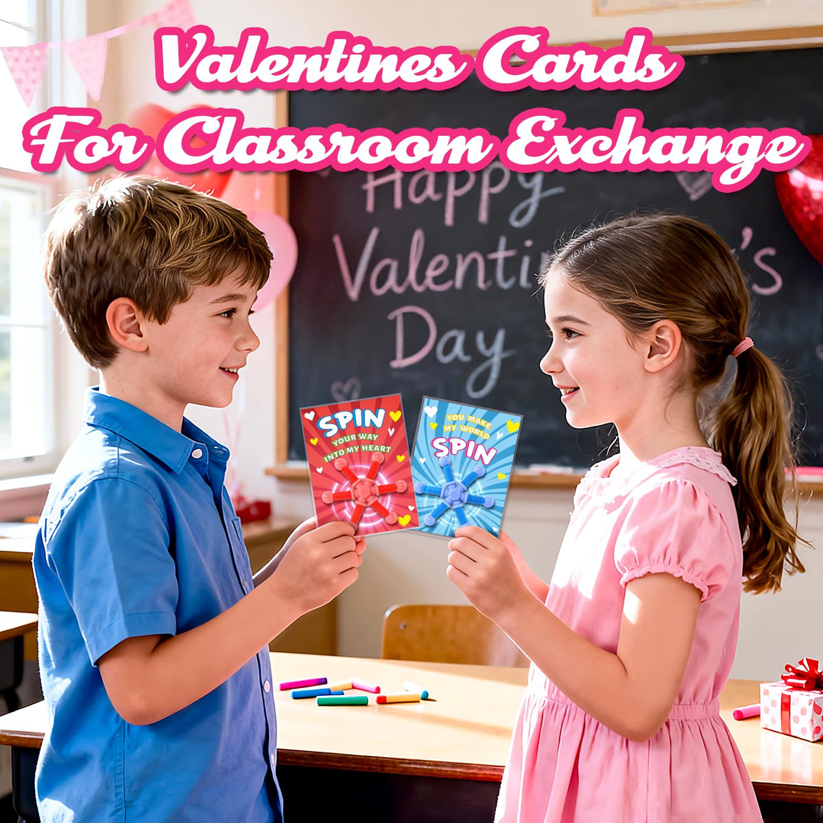OCHIDO 24-Pack Valentines Cards with Pop Tubes Fidget Spinner – Classroom Gifts for Kids