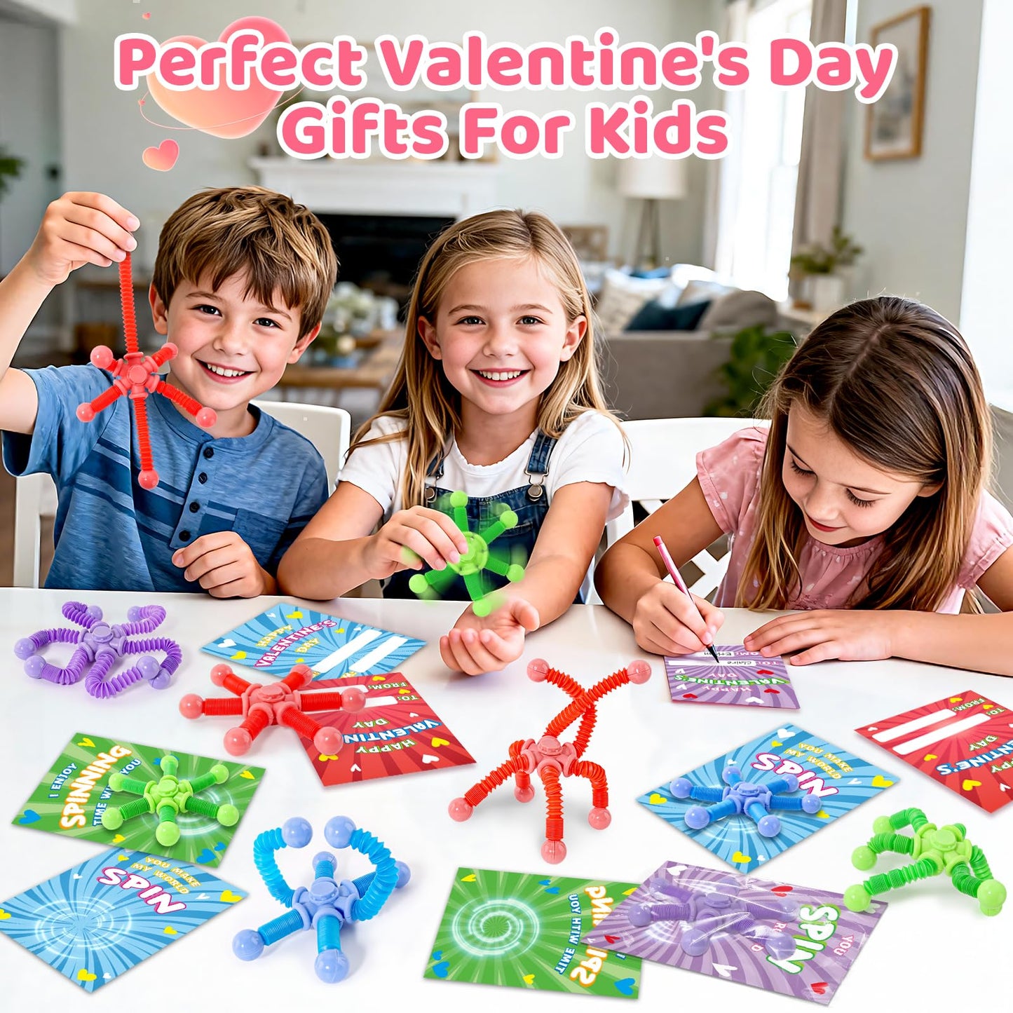 OCHIDO 24-Pack Valentines Cards with Pop Tubes Fidget Spinner – Classroom Gifts for Kids