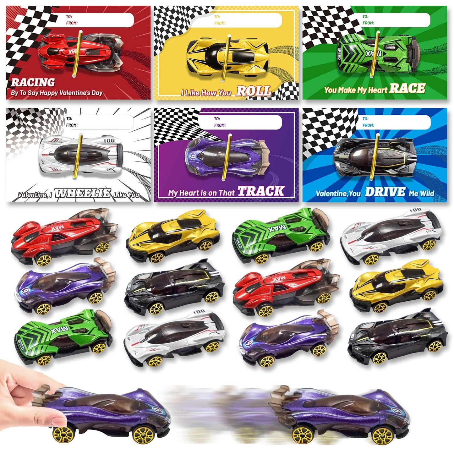 OCHIDO Valentines Day Cards with Die-Cast Racing Cars — 24 Pack for Kids