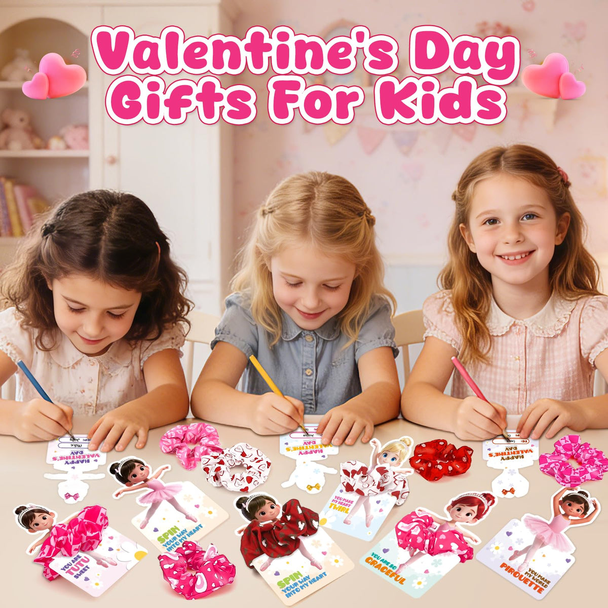 OCHIDO 24 Pack Valentines Day Gifts for Kids — Ballet Cards & Hair Scrunchies for Class Exchanges