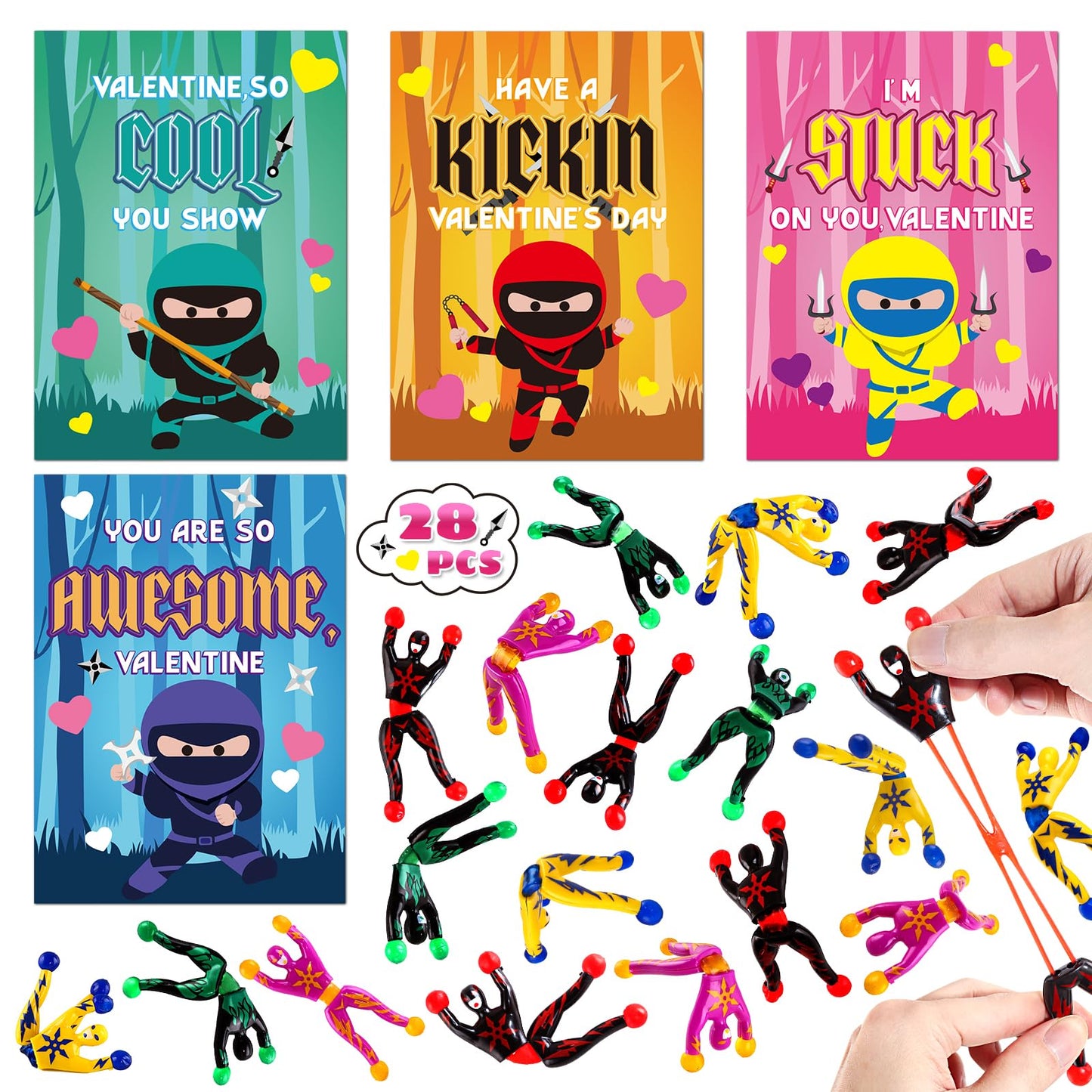 OCHIDO 28-Pack Valentines Cards for Kids with Sticky Wall Climbing Ninja Toys – Classroom Gifts & Party Favors