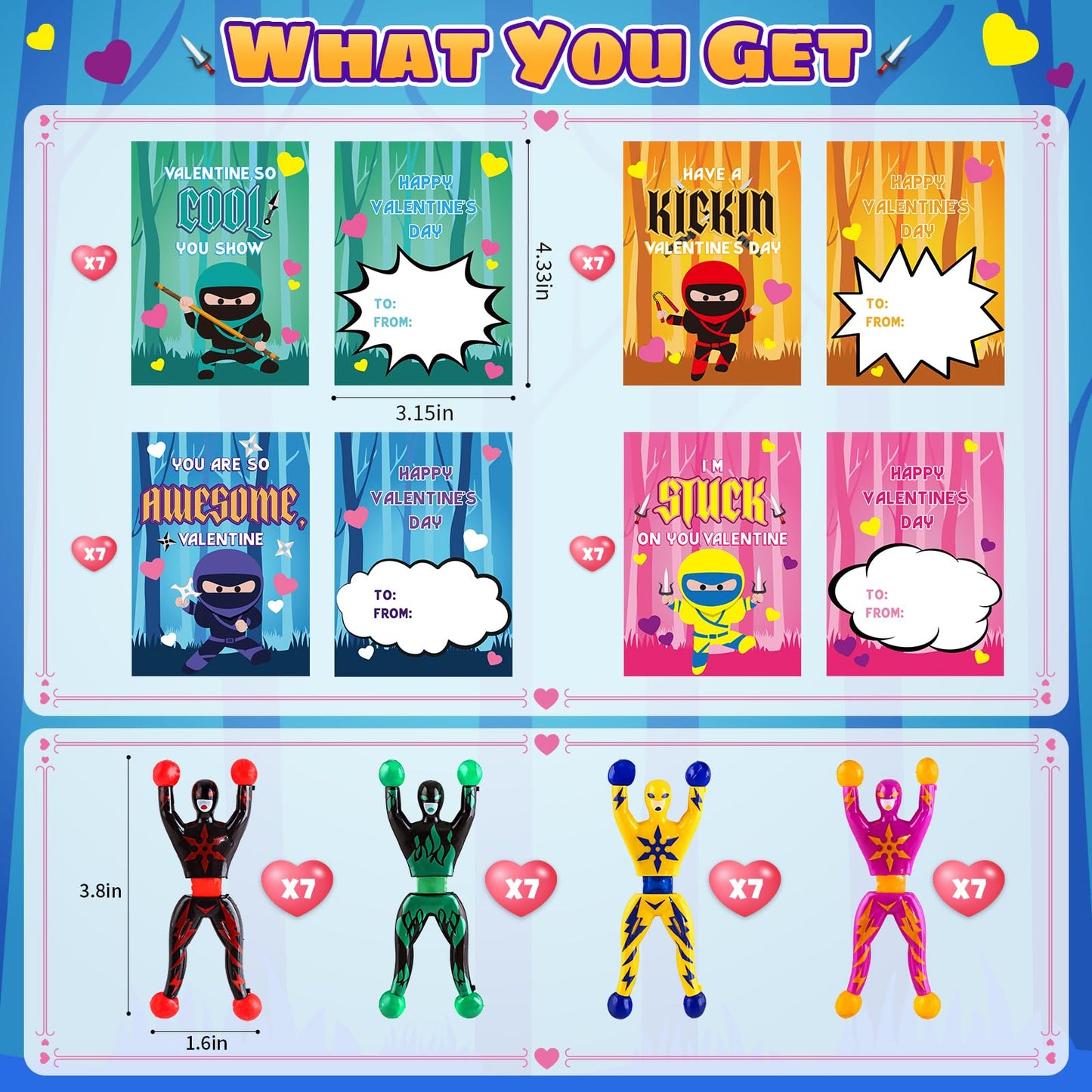 OCHIDO 28-Pack Valentines Cards for Kids with Sticky Wall Climbing Ninja Toys – Classroom Gifts & Party Favors