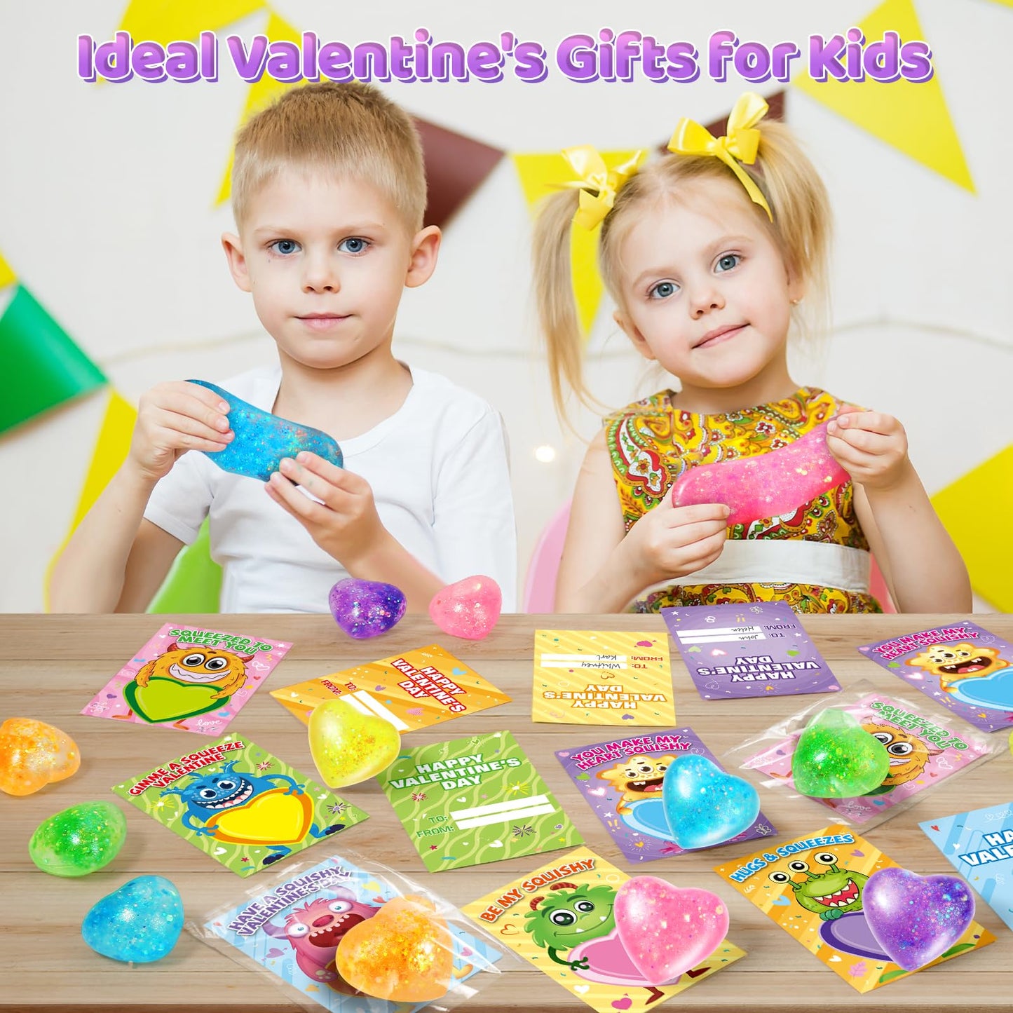 OCHIDO Kids Valentine Cards with Heart Shape Squeeze Toys — 24 Pack