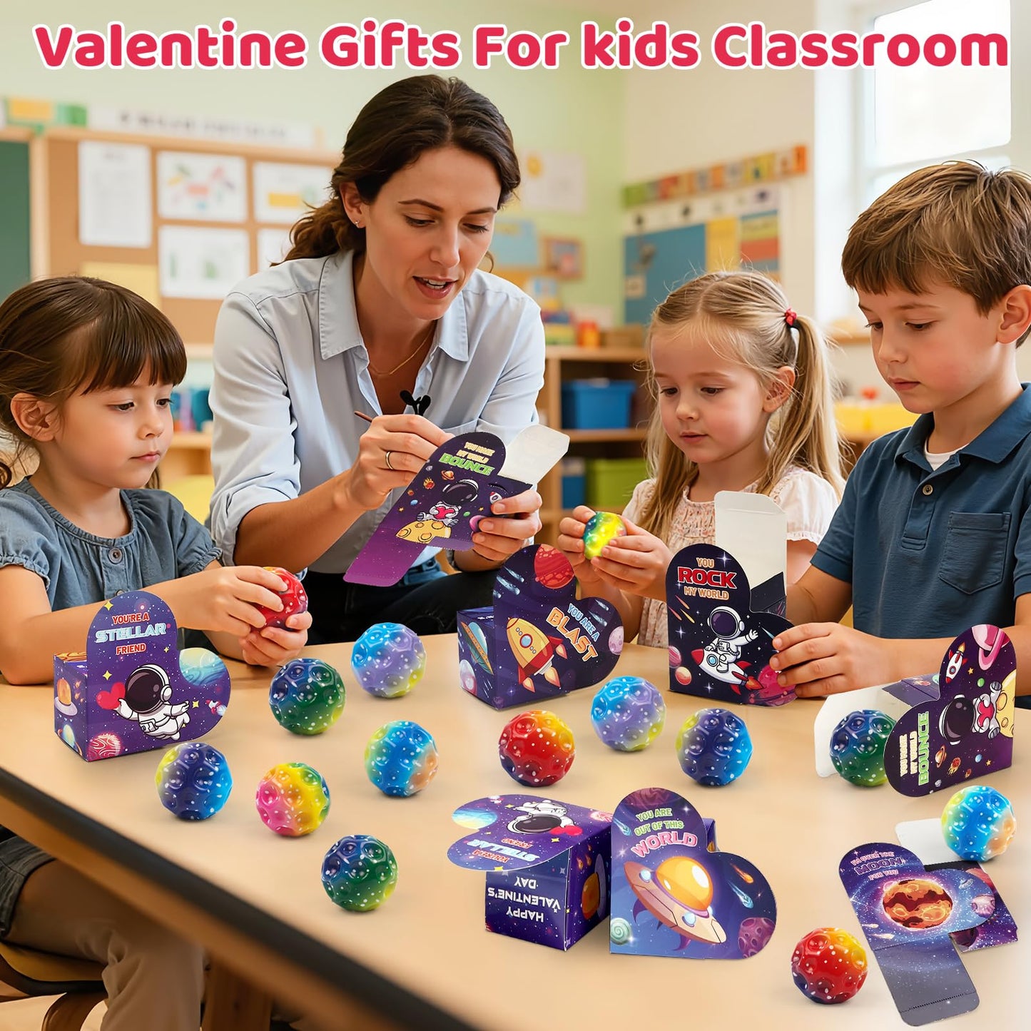 OCHIDO 24 Pack Valentines Day Cards for Kids with Bouncy Balls - Classroom Gifts & Party Favors