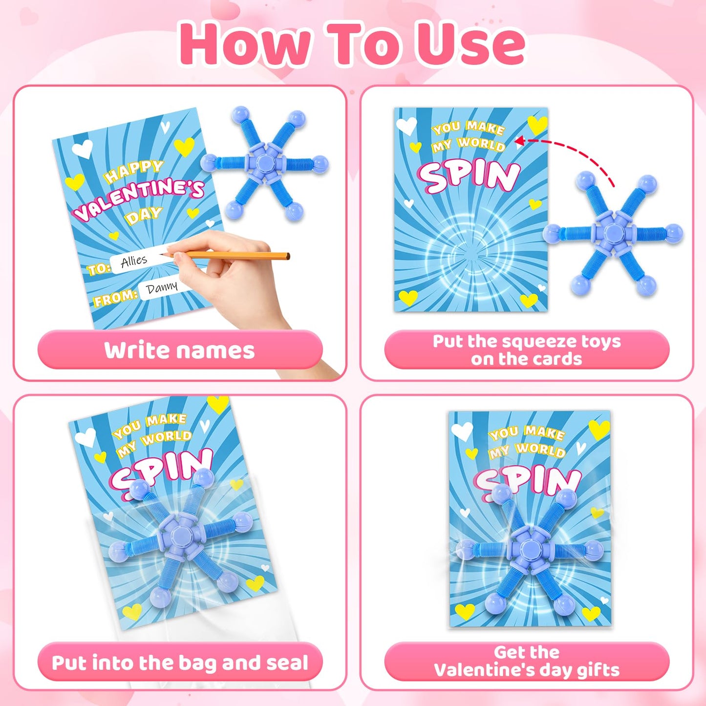 OCHIDO 24-Pack Valentines Cards with Pop Tubes Fidget Spinner – Classroom Gifts for Kids