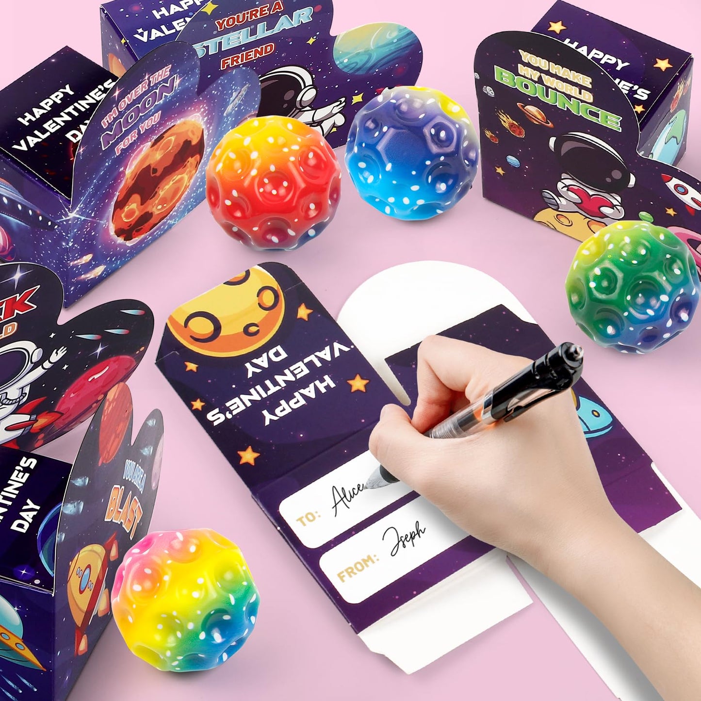 OCHIDO 24 Pack Valentines Day Cards for Kids with Bouncy Balls - Classroom Gifts & Party Favors