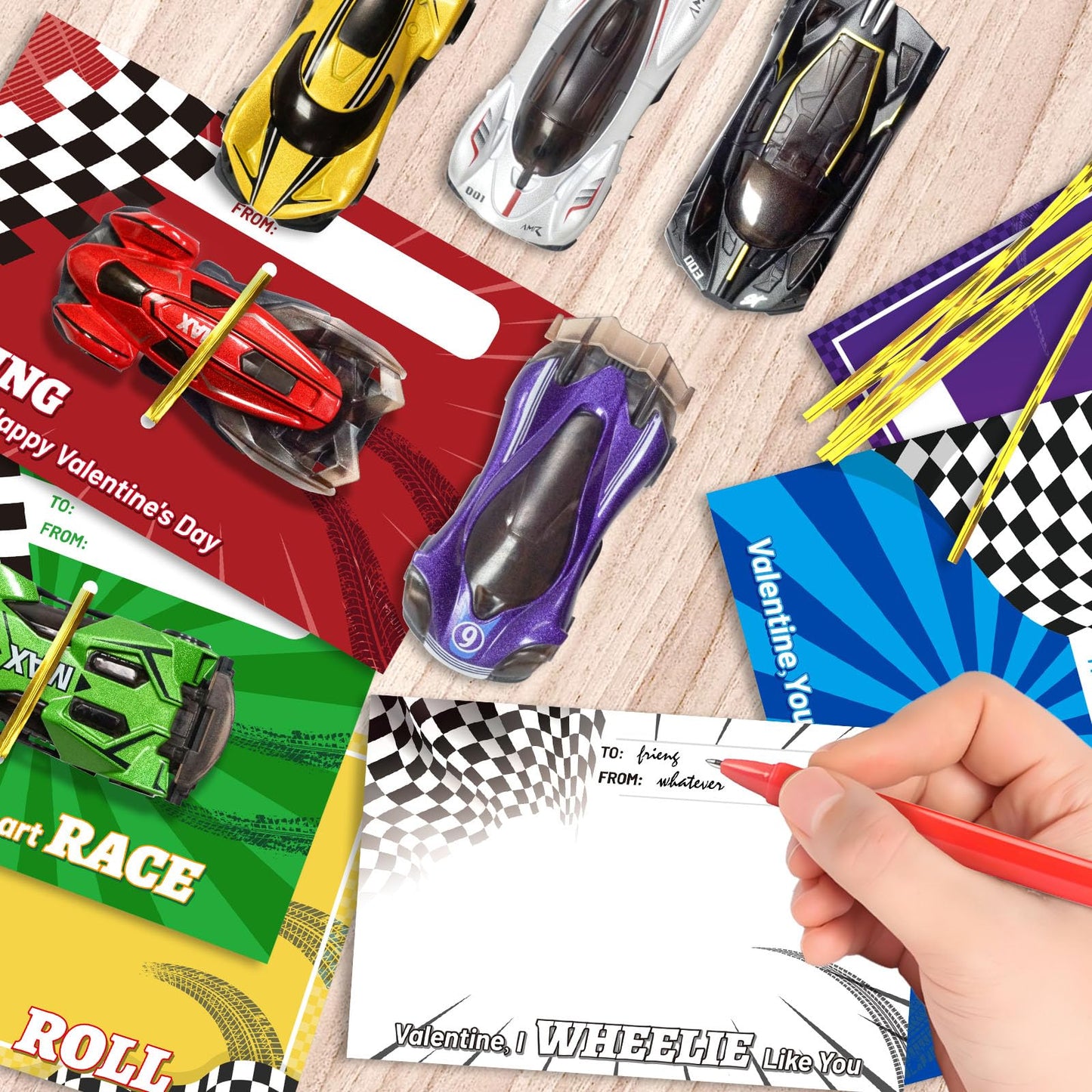 OCHIDO Valentines Day Cards with Die-Cast Racing Cars — 24 Pack for Kids