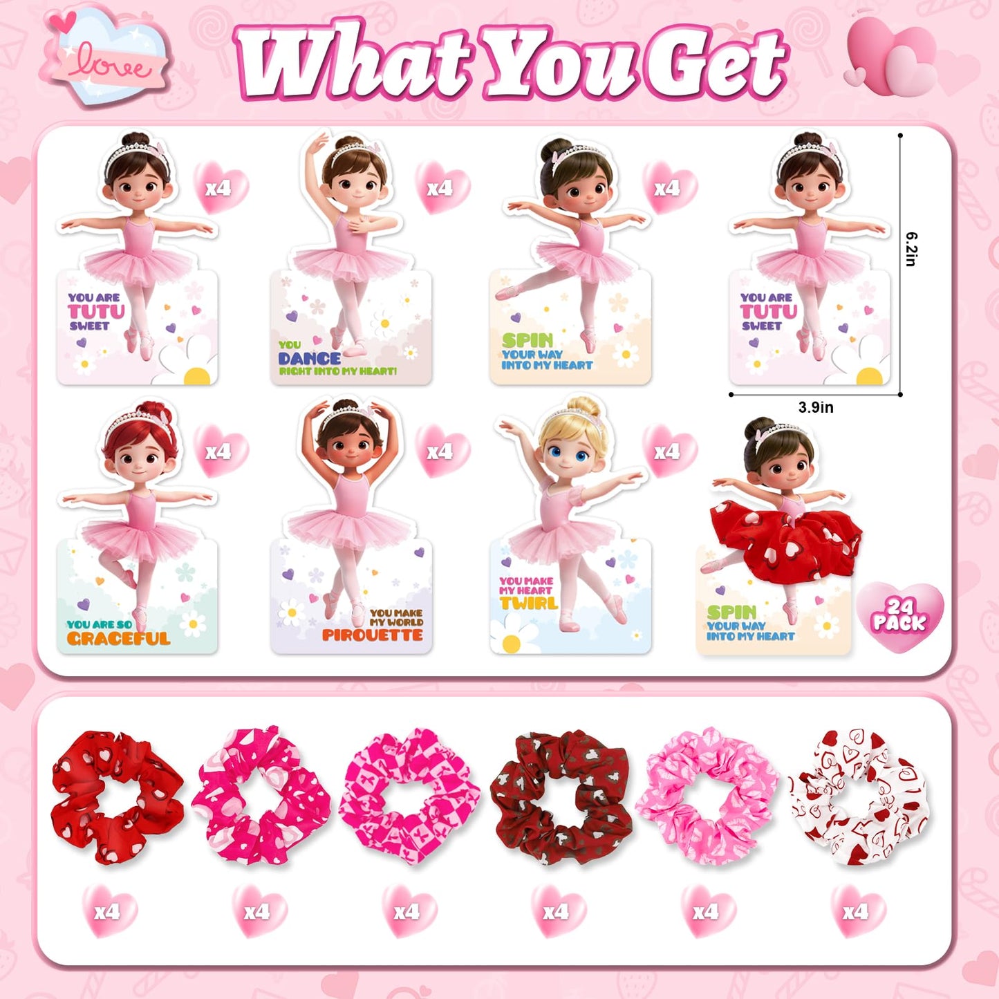OCHIDO 24 Pack Valentines Day Gifts for Kids — Ballet Cards & Hair Scrunchies for Class Exchanges