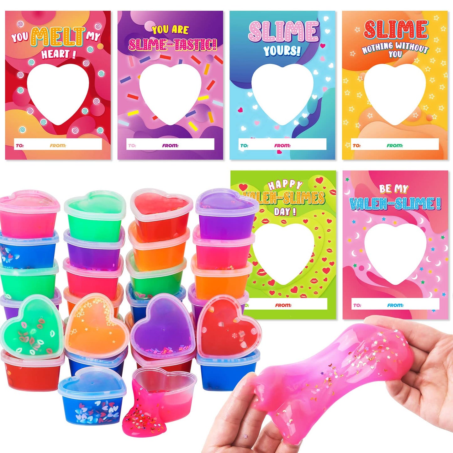 OCHIDO Valentines Day Cards for Kids – 30 Heart-Shaped Slime Set with Greeting Cards