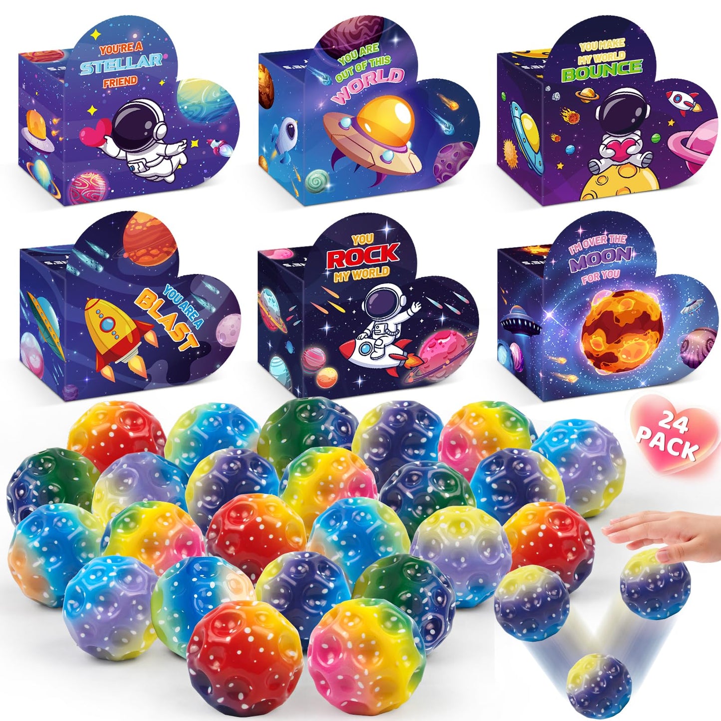 OCHIDO 24 Pack Valentines Day Cards for Kids with Bouncy Balls - Classroom Gifts & Party Favors