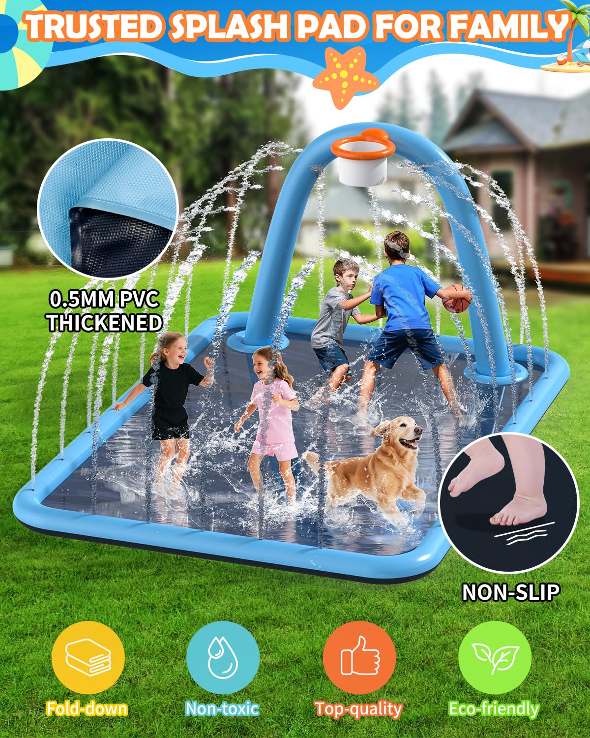 Octaplay Splash Pad for Kids & Dogs — 102x87 Large 3-in-1 Water Play with Basketball Hoop