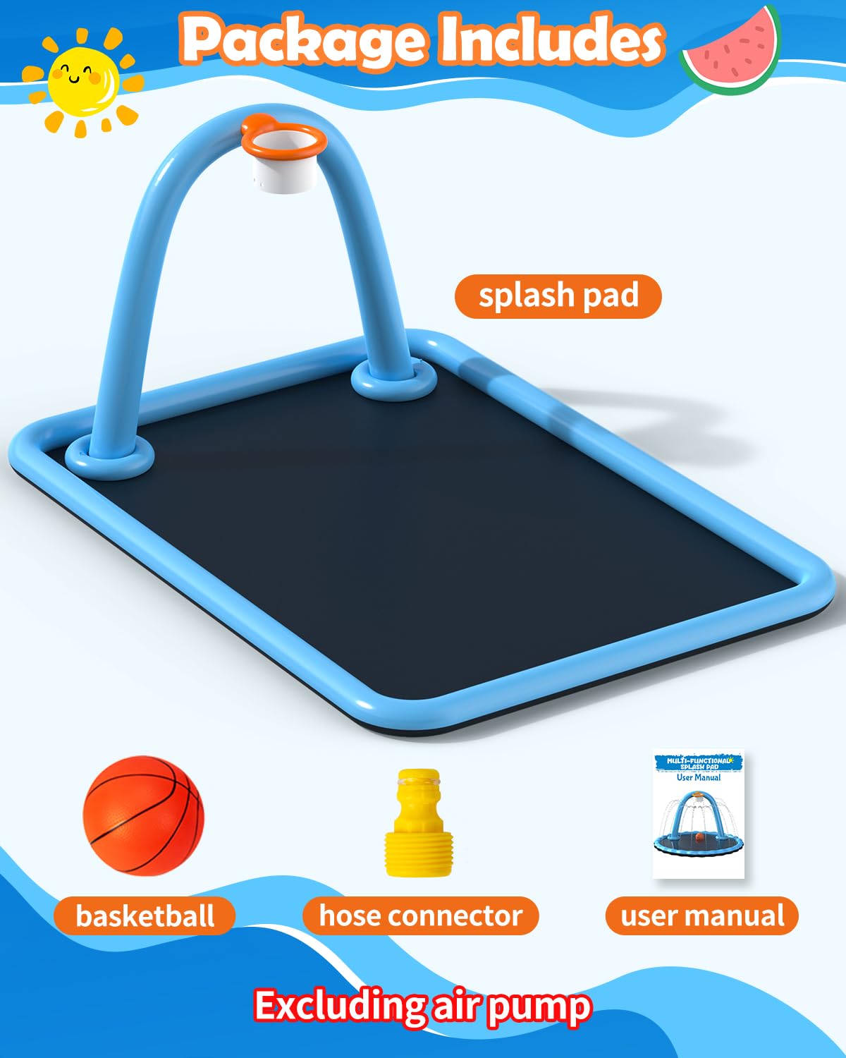 Octaplay Splash Pad for Kids & Dogs — 102x87 Large 3-in-1 Water Play with Basketball Hoop