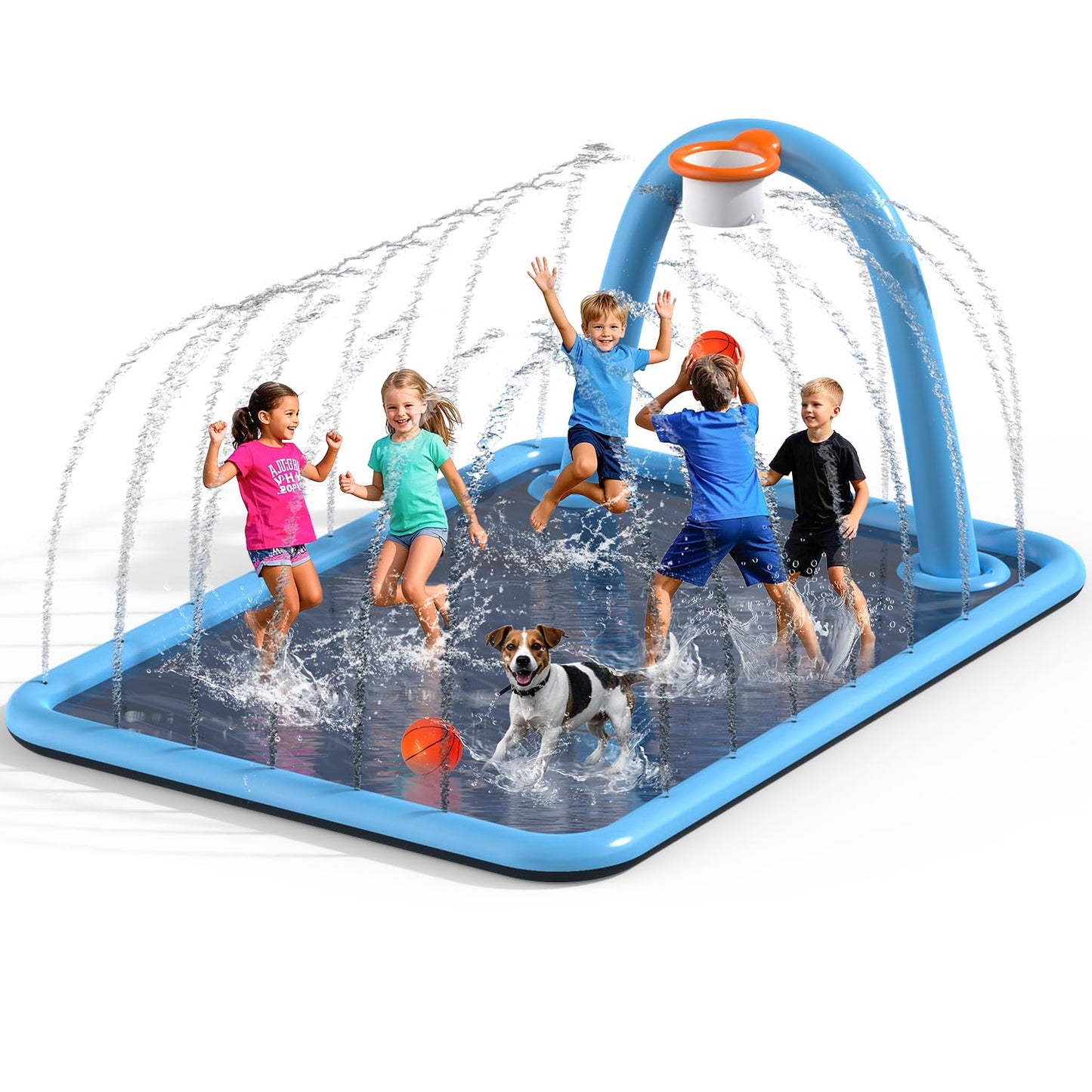 Octaplay Splash Pad for Kids & Dogs — 102x87 Large 3-in-1 Water Play with Basketball Hoop