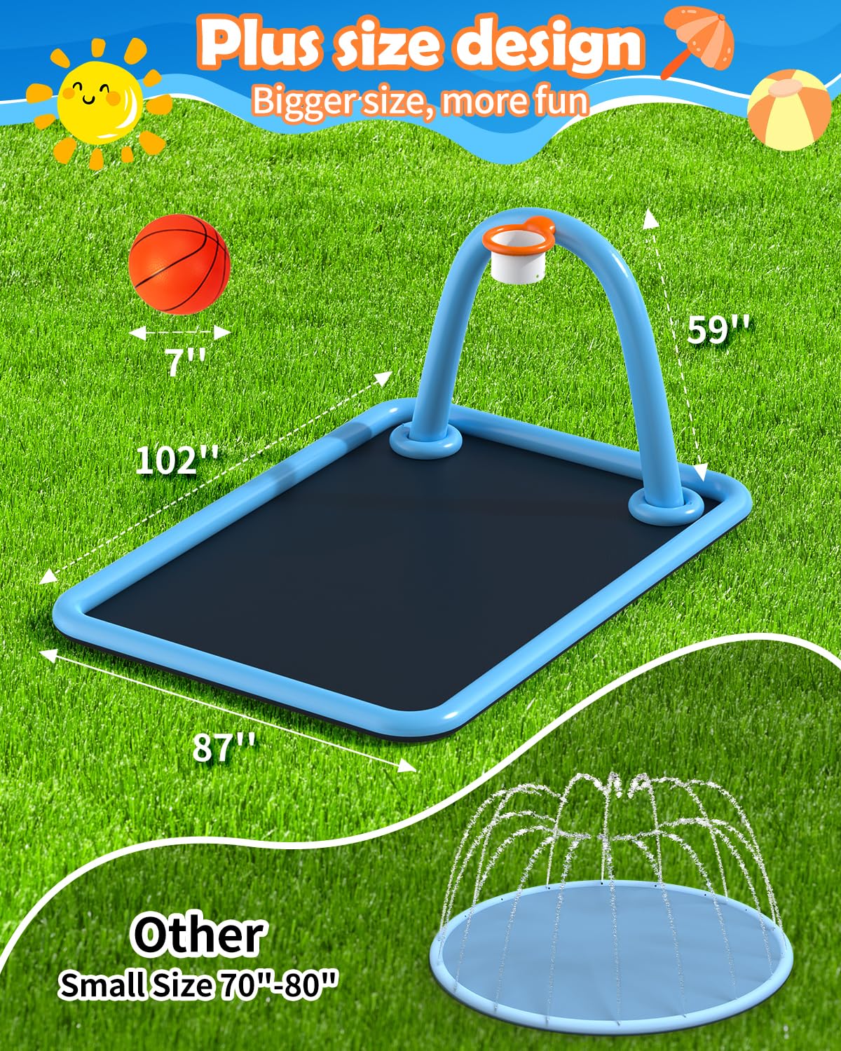 Octaplay Splash Pad for Kids & Dogs — 102x87 Large 3-in-1 Water Play with Basketball Hoop