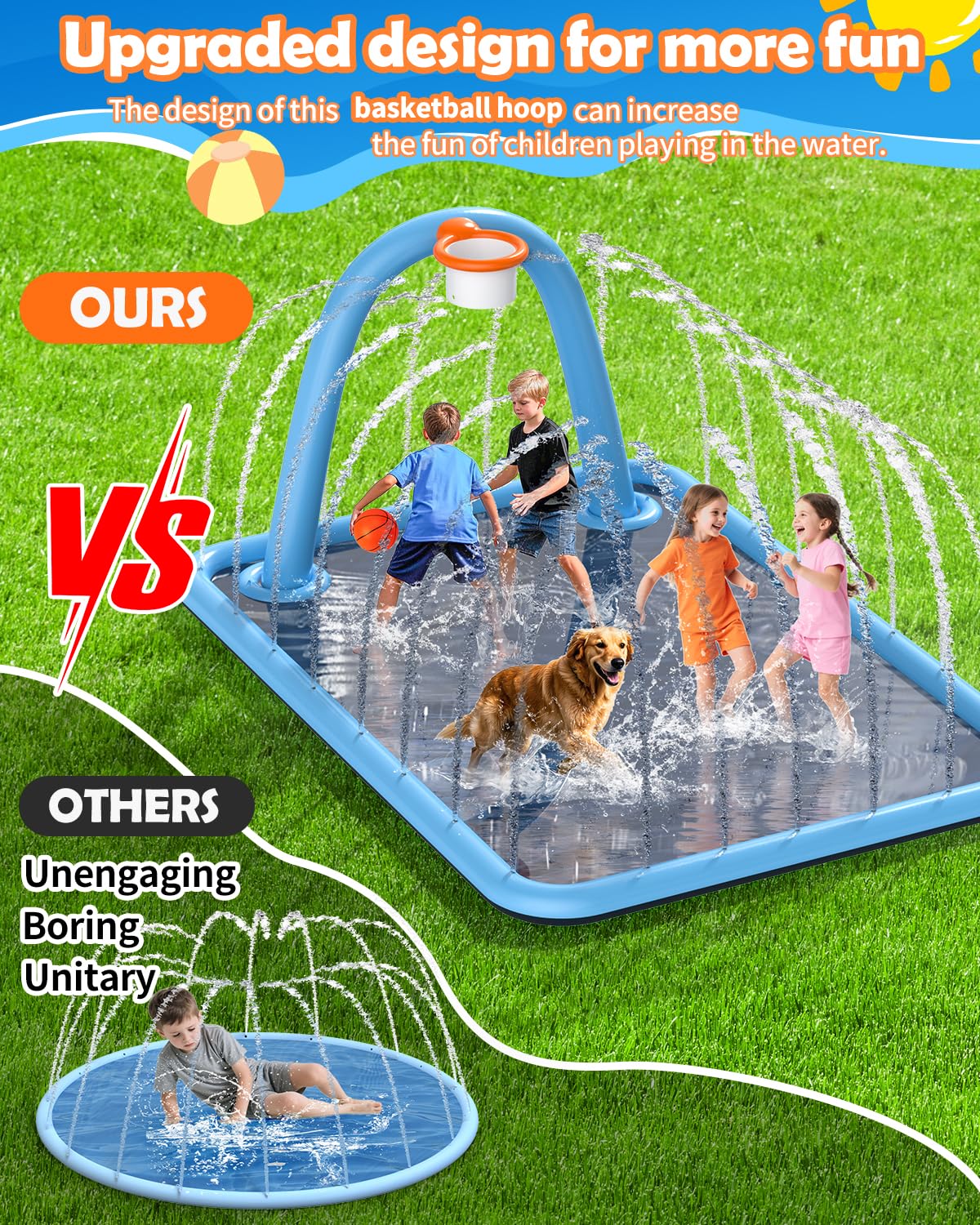 Octaplay Splash Pad for Kids & Dogs — 102x87 Large 3-in-1 Water Play with Basketball Hoop