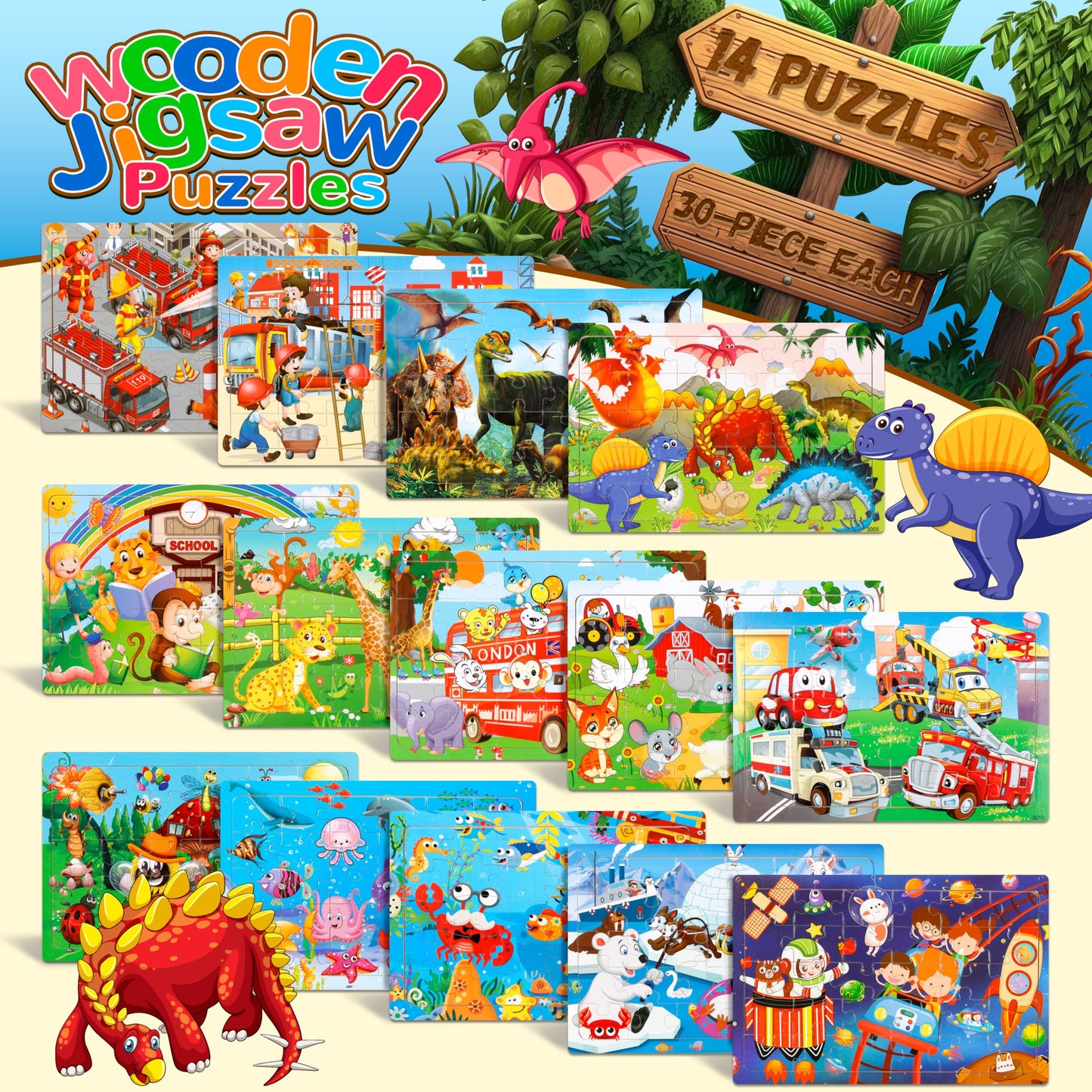 OCTERIC 14-Pack Wooden Jigsaw Puzzles for Kids 4-8 | 30-Piece Preschool Learning Toys