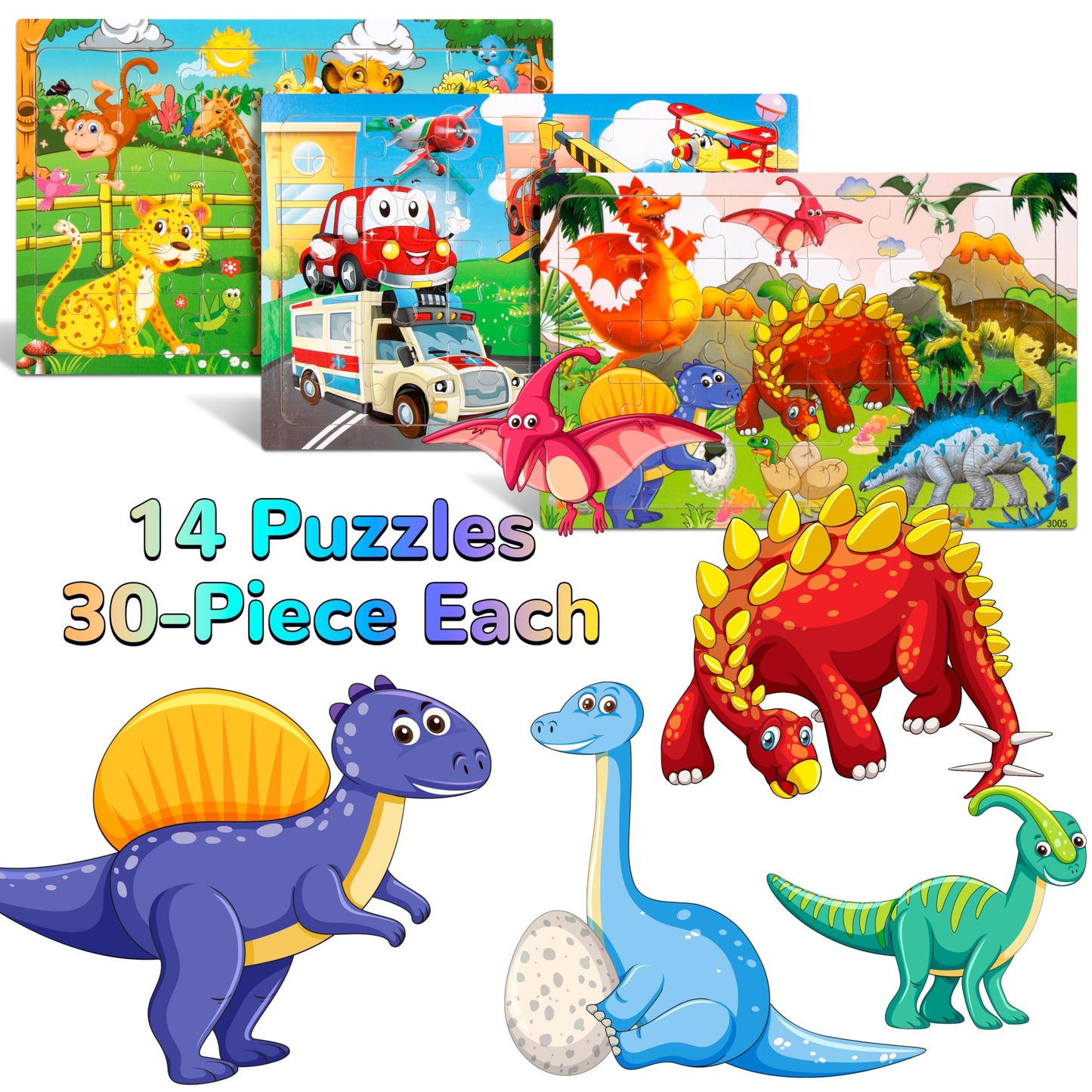 OCTERIC 14-Pack Wooden Jigsaw Puzzles for Kids 4-8 | 30-Piece Preschool Learning Toys