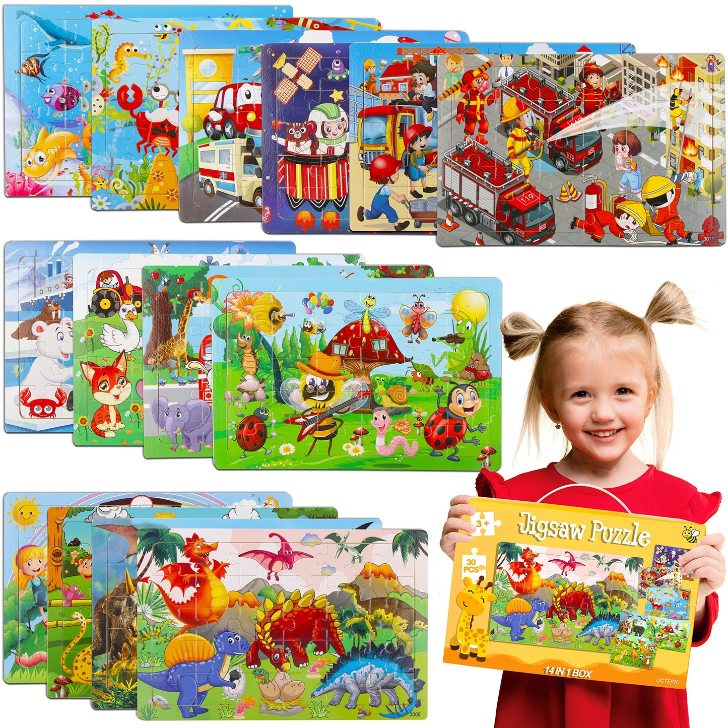 OCTERIC 14-Pack Wooden Jigsaw Puzzles for Kids 4-8 | 30-Piece Preschool Learning Toys