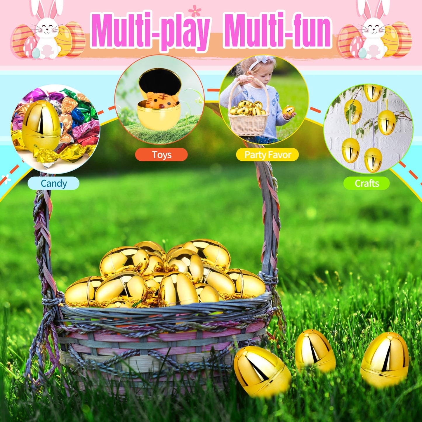 OCTERIC 60 Pcs Shiny Golden Easter Eggs Bulk – 2.3in Fillable Eggs for Hunts & Party Favors