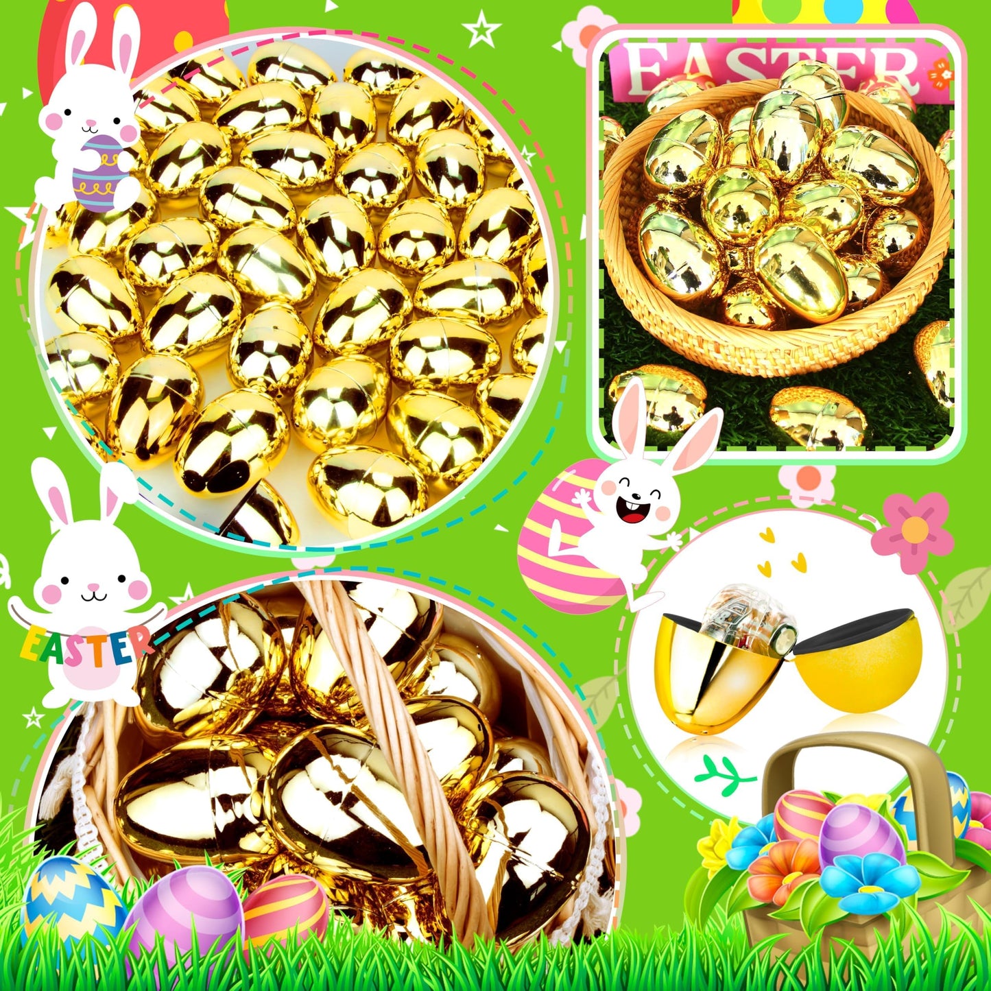 OCTERIC 60 Pcs Shiny Golden Easter Eggs Bulk – 2.3in Fillable Eggs for Hunts & Party Favors