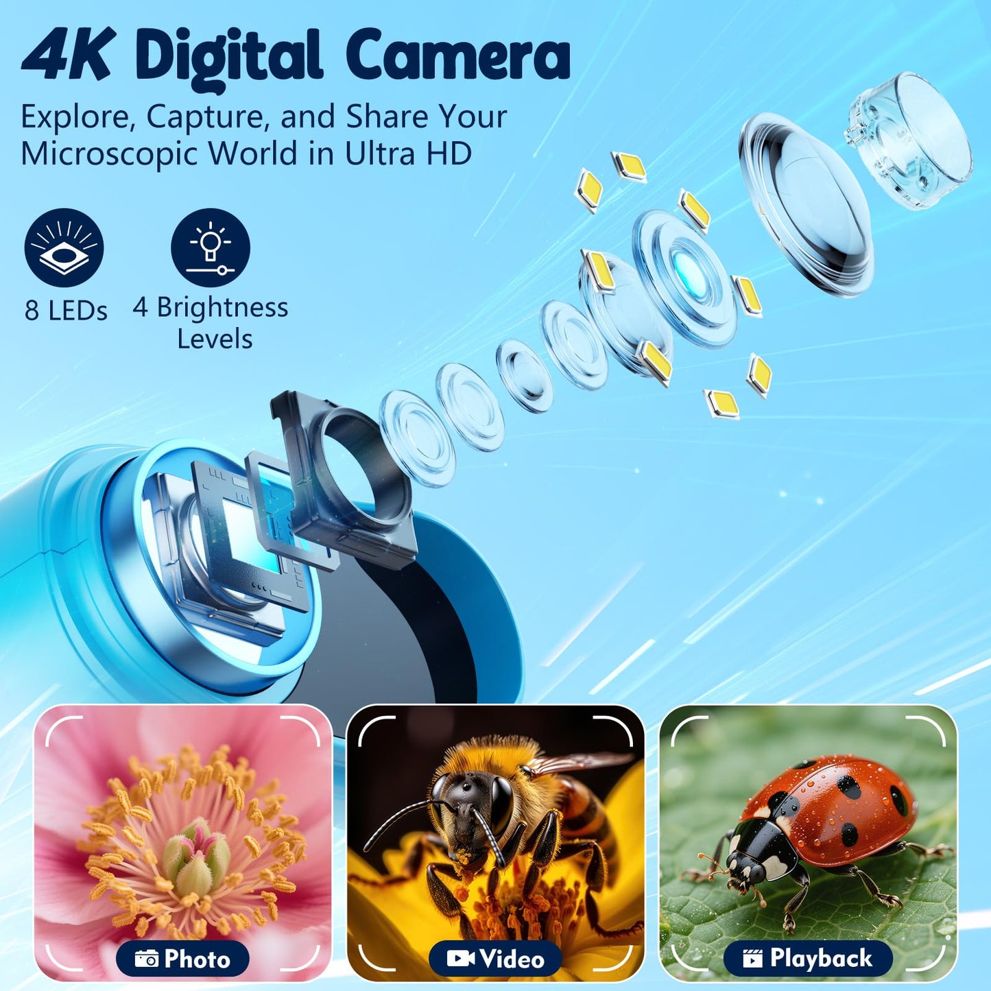 Odatay 1000X Handheld Microscope for Kids – 4K Display, 12 Slides, Portable STEM Toy