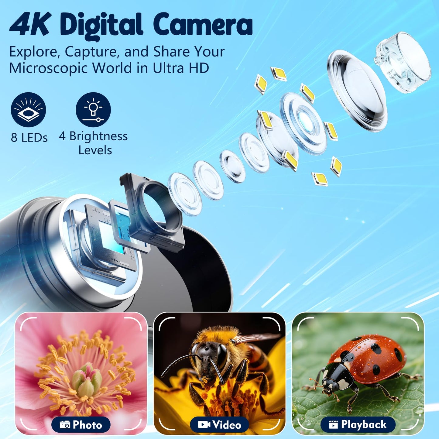 Odatay 1000X Handheld Microscope for Kids – 4K Display, 12 Slides, Portable STEM Toy