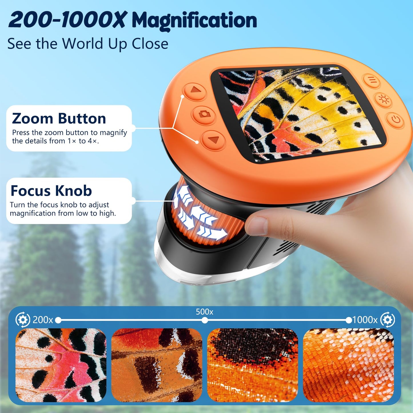 Odatay 1000X Handheld Microscope for Kids – 4K Display, 12 Slides, Portable STEM Toy