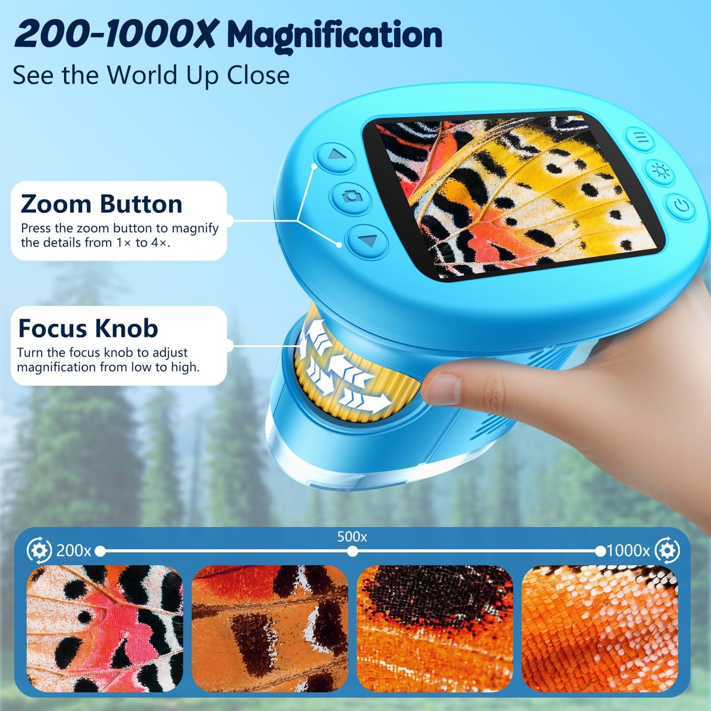 Odatay 1000X Handheld Microscope for Kids – 4K Display, 12 Slides, Portable STEM Toy