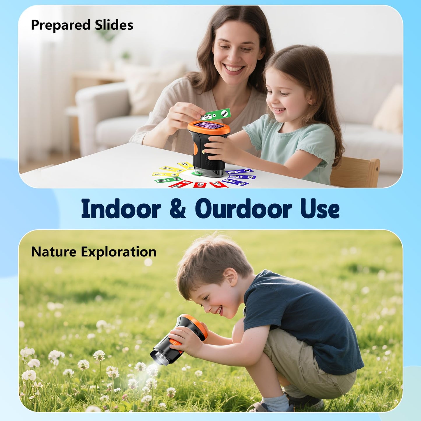 Odatay 1000X Handheld Microscope for Kids – 4K Display, 12 Slides, Portable STEM Toy