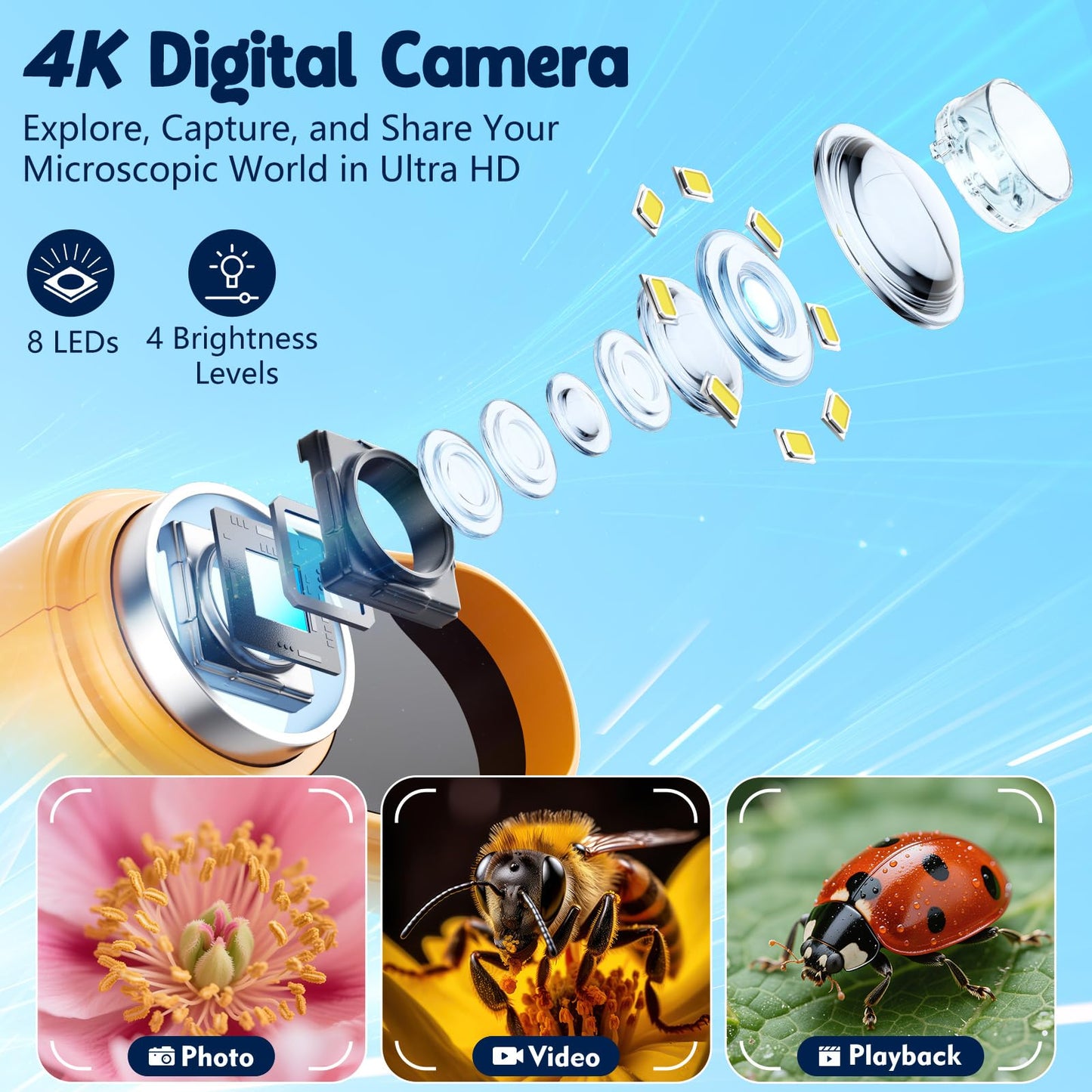 Odatay 1000X Handheld Microscope for Kids – 4K Display, 12 Slides, Portable STEM Toy