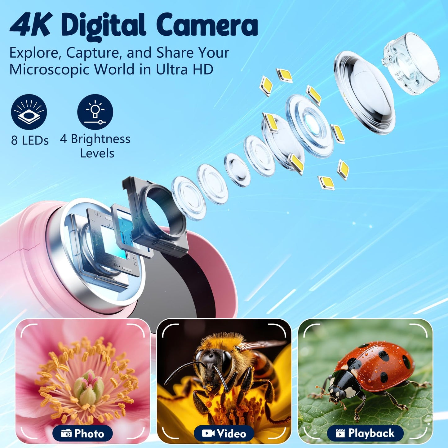 Odatay 1000X Handheld Microscope — 4K Display, 12 Slides, Portable STEM Toy for Kids