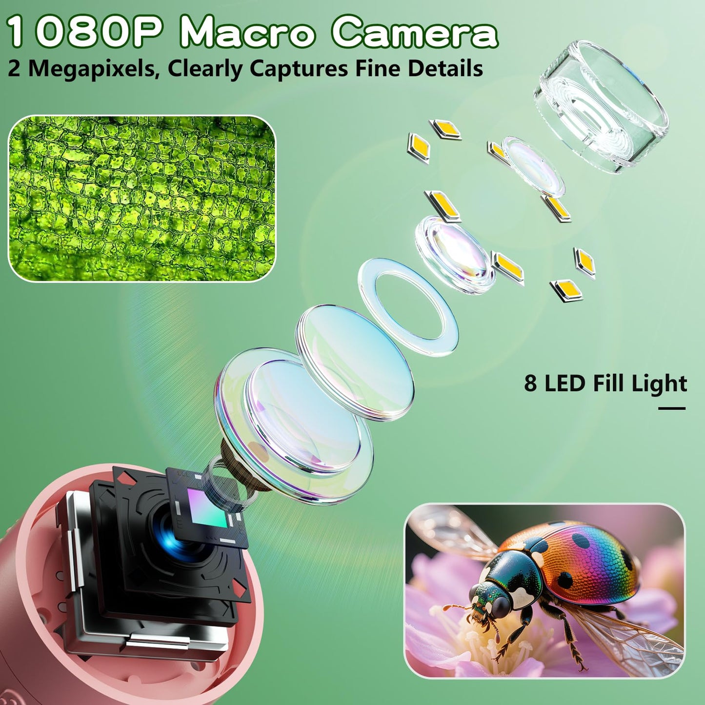 Odatay Kids Microscope – 100X–1000X, 1080P Camera, 2-Inch IPS Screen, 8 LED Lights, 12 Slides – Pink